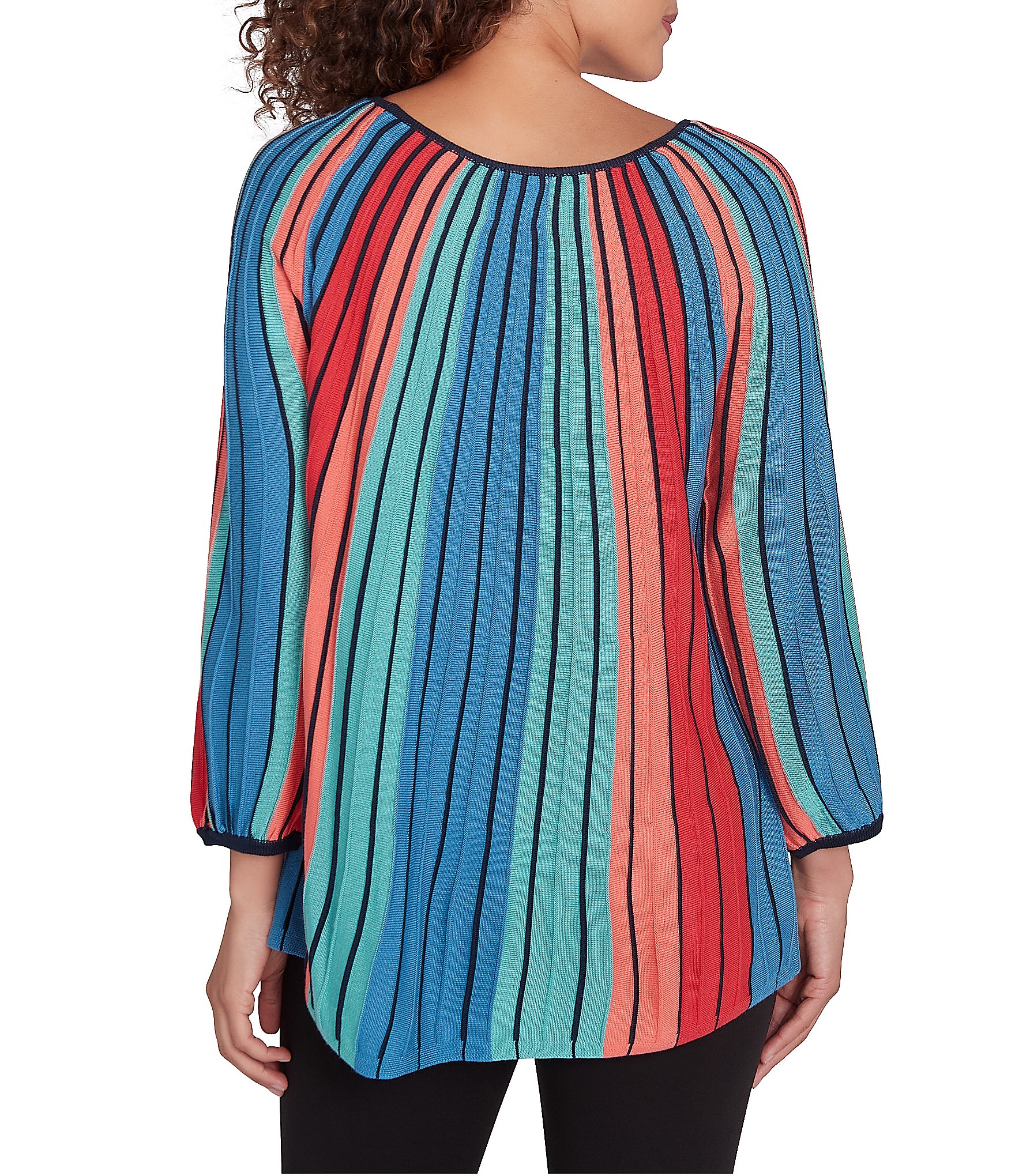 Ruby Rd. Multicolor Vertical Stripe Sweater Knit Ballet Keyhole Neck Bracelet Sleeve Top