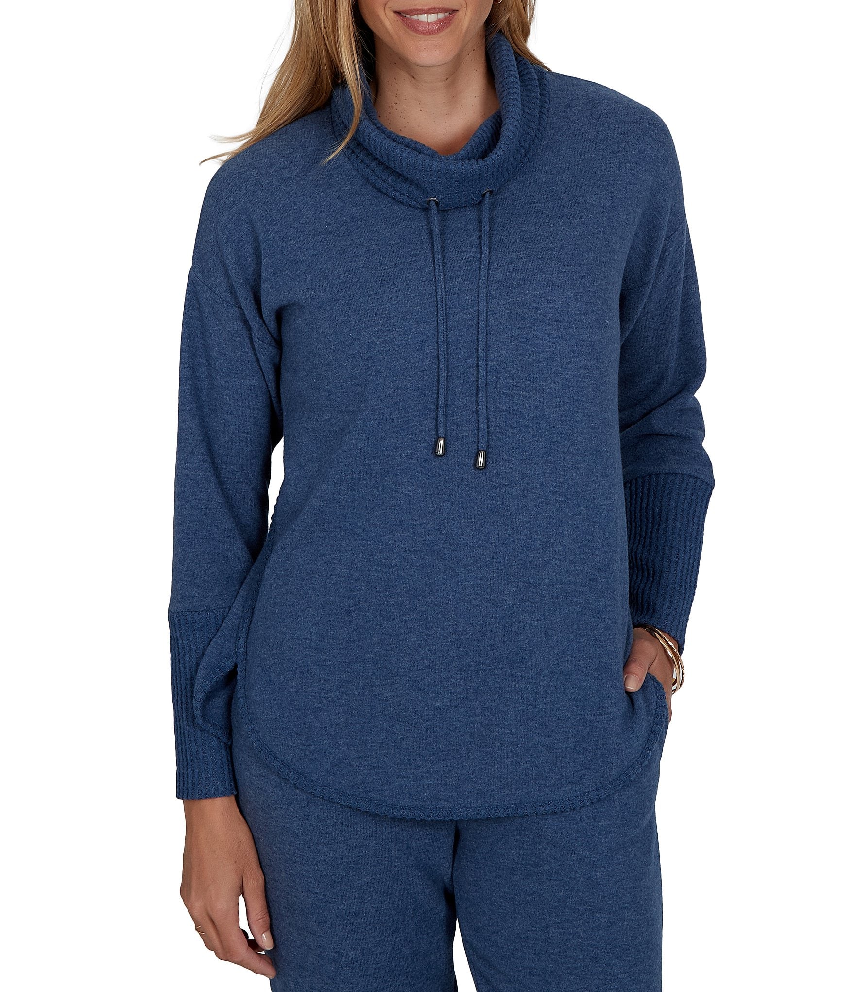 Ruby Rd. Waffle Knit Drawstring Draped Cowl Neck Long Sleeve Top