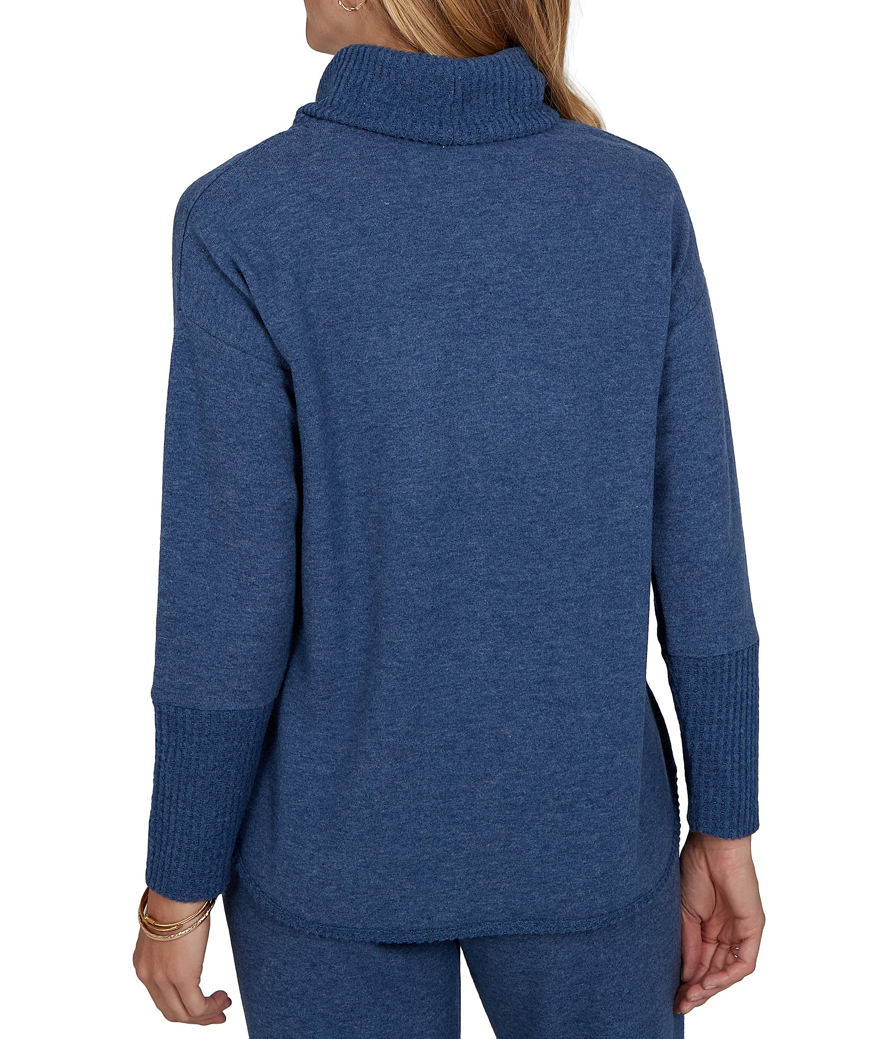 Ruby Rd. Waffle Knit Drawstring Draped Cowl Neck Long Sleeve Top