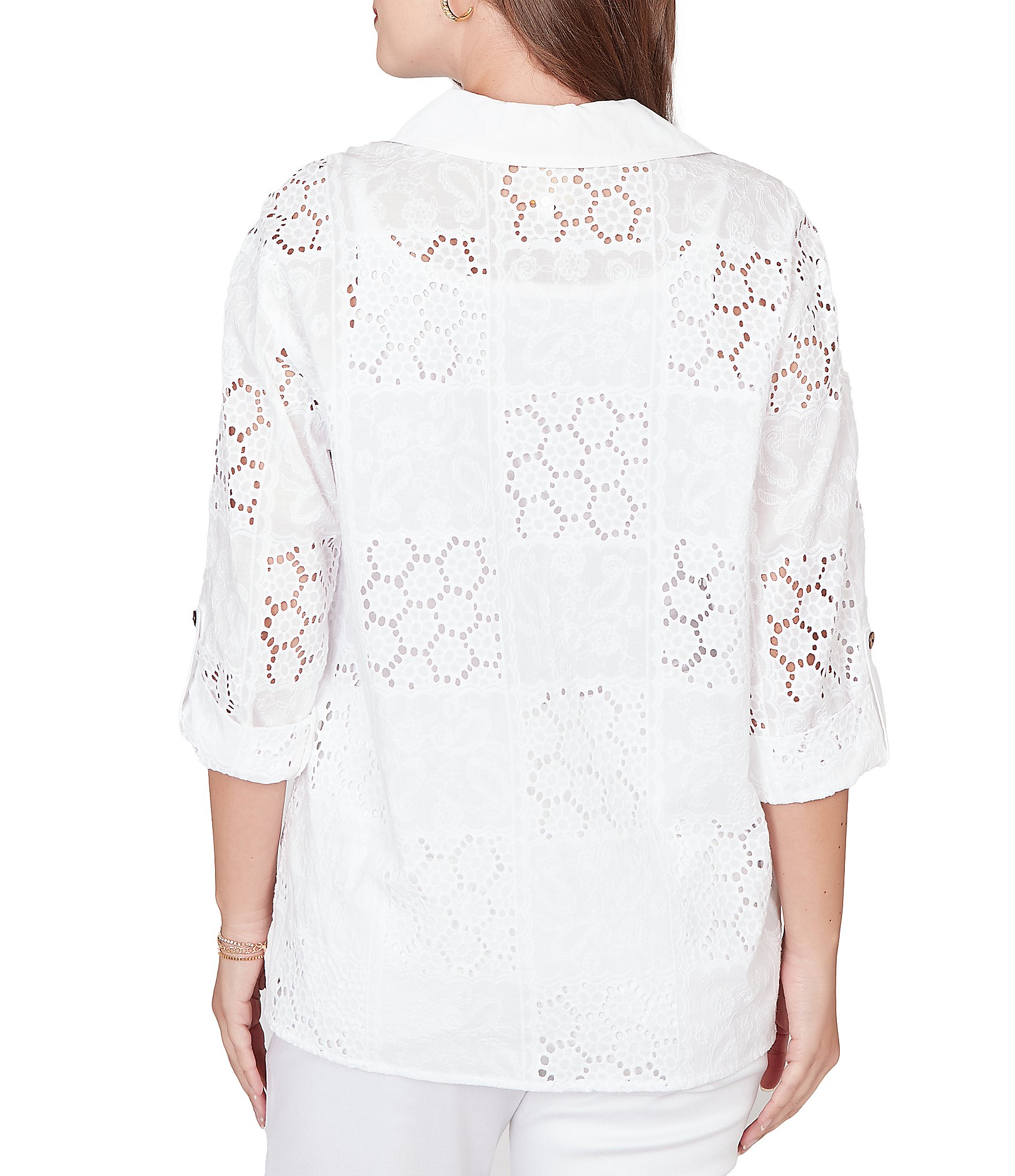 Ruby Rd. Woven Eyelet Embroidery Collared V-Neck 3/4 Roll-tab Sleeve Button-Front Shirt