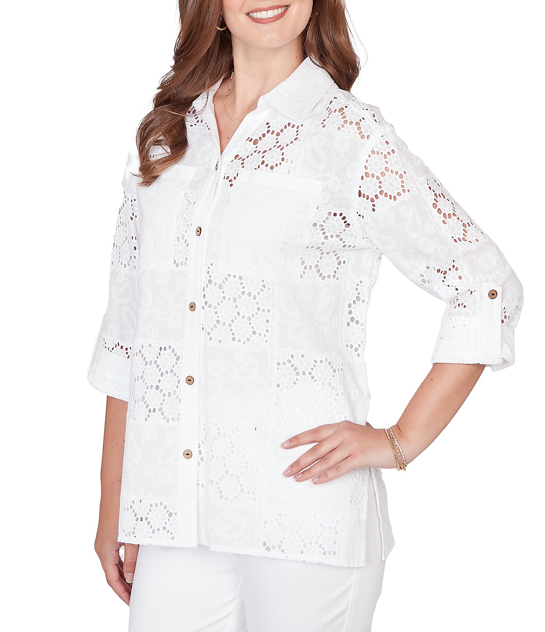 Ruby Rd. Woven Eyelet Embroidery Collared V-Neck 3/4 Roll-tab Sleeve Button-Front Shirt