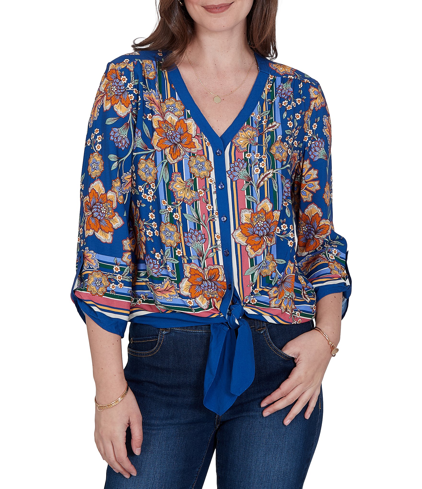 Ruby Rd. Woven Floral Vines V-Neck 3/4 Sleeve Top