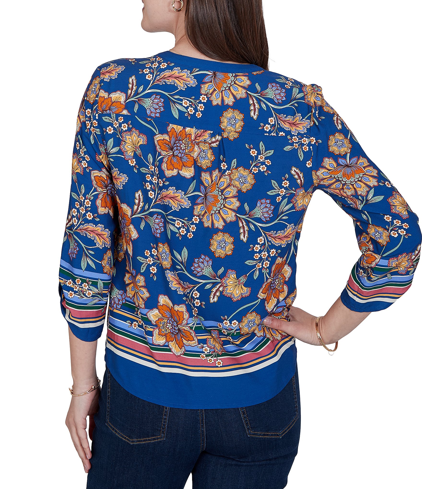 Ruby Rd. Woven Floral Vines V-Neck 3/4 Sleeve Top