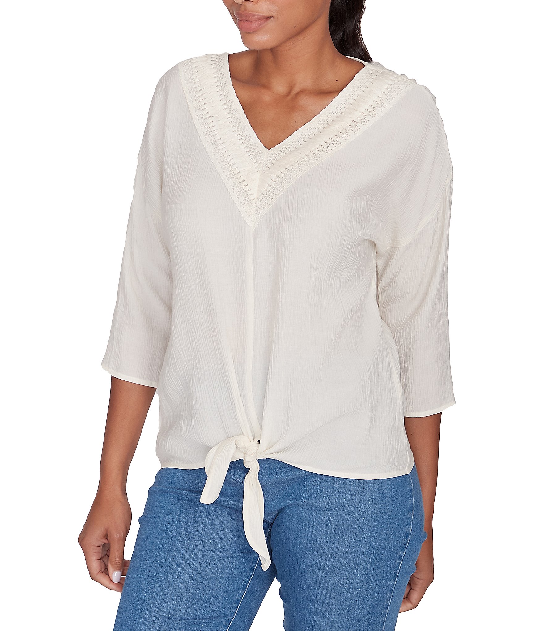 Ruby Rd. Woven Gauze V-Neck 3/4 Sleeve Tie-Front Top