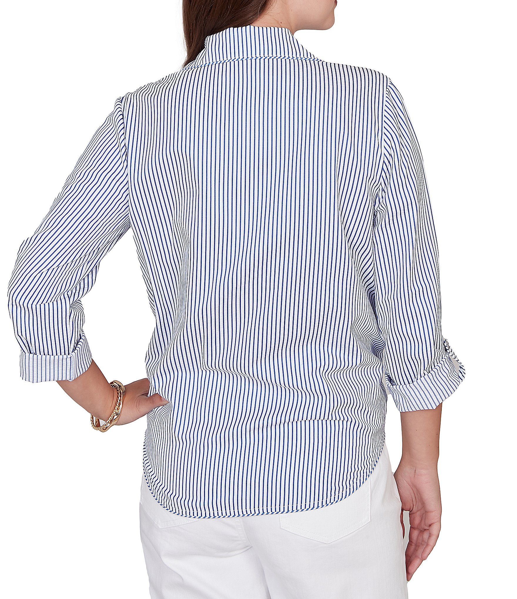 Ruby Rd. Woven Stripe Notch Lapel Collar Long Roll-Tab Sleeve Tie-Front Shirt