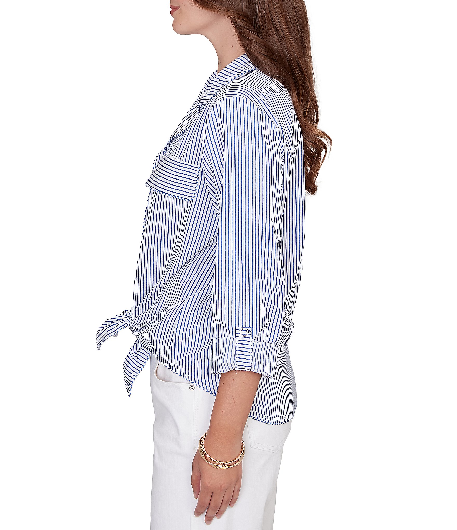 Ruby Rd. Woven Stripe Notch Lapel Collar Long Roll-Tab Sleeve Tie-Front Shirt