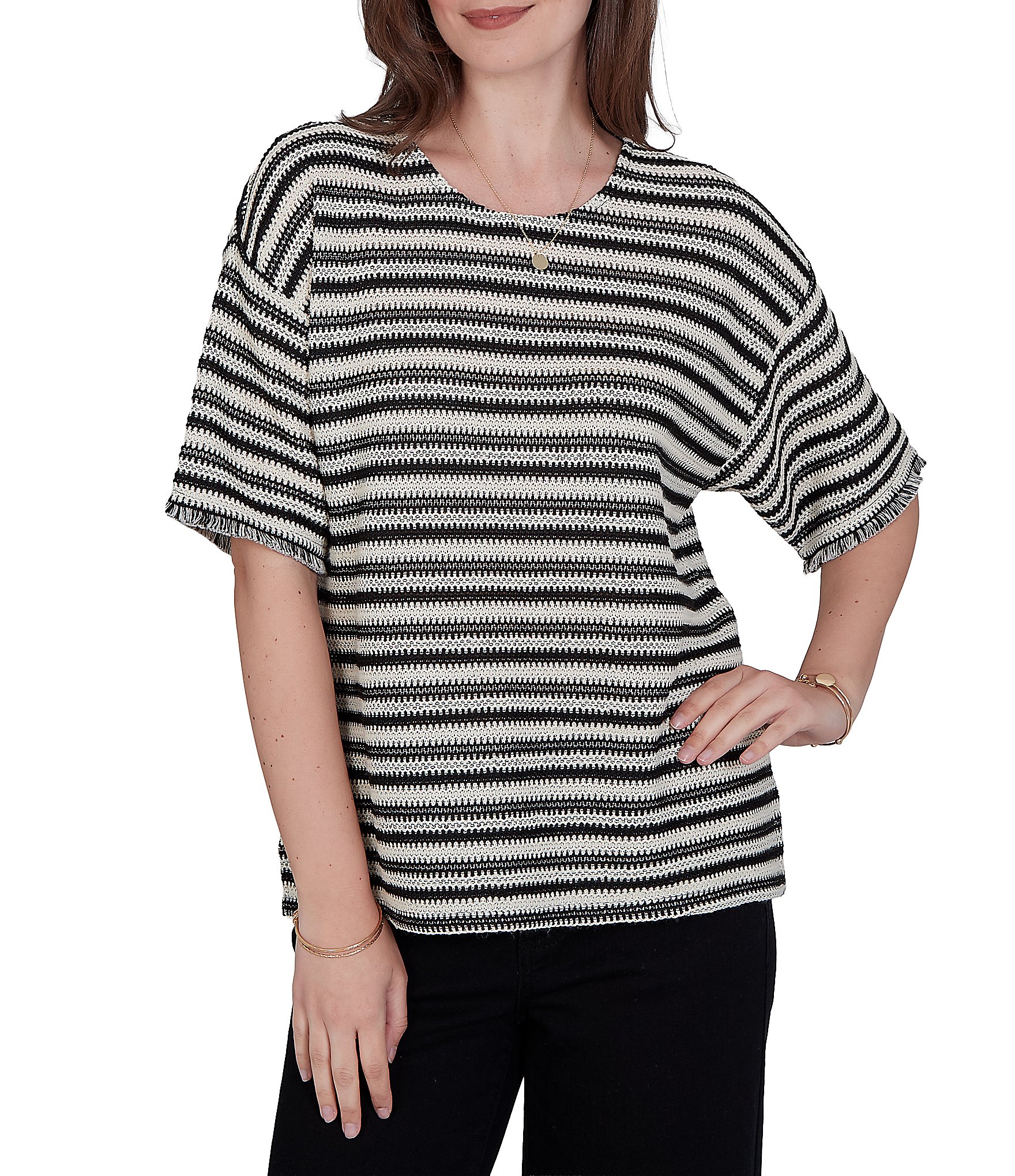 Ruby Rd. Woven Stripe Scoop Neck Short Fringe Sleeve Top