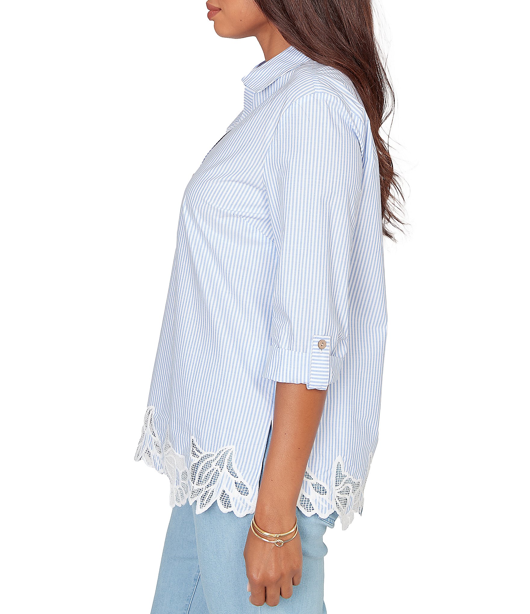 Ruby Rd. Woven Yarn-Dyed Stripe Johnny Collar 3/4 Roll-Tab Sleeve Embroidered Hem Blouse