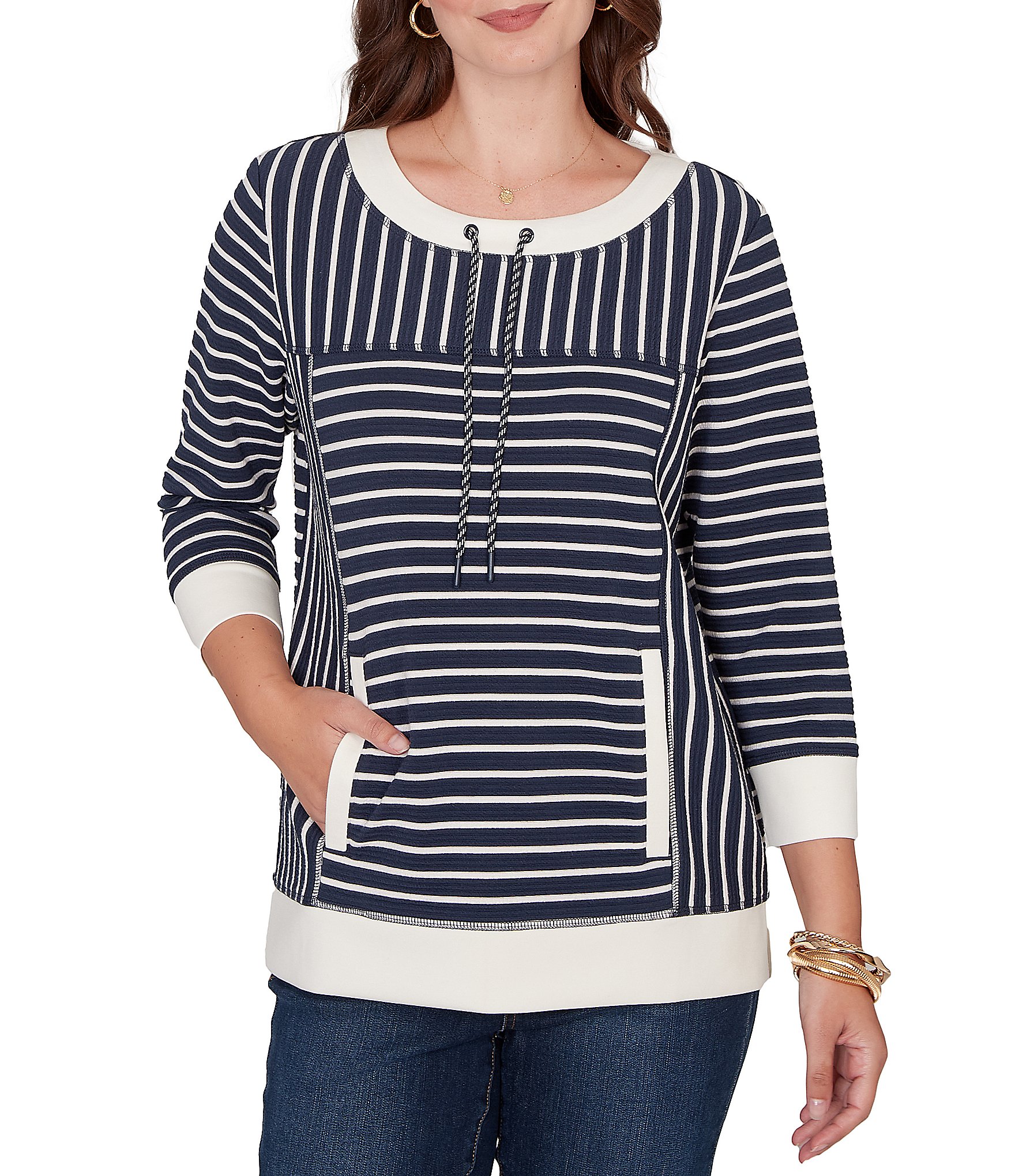 Ruby Rd. Yarn-Dyed Stripe Scoop Neck 3/4 Sleeve Top