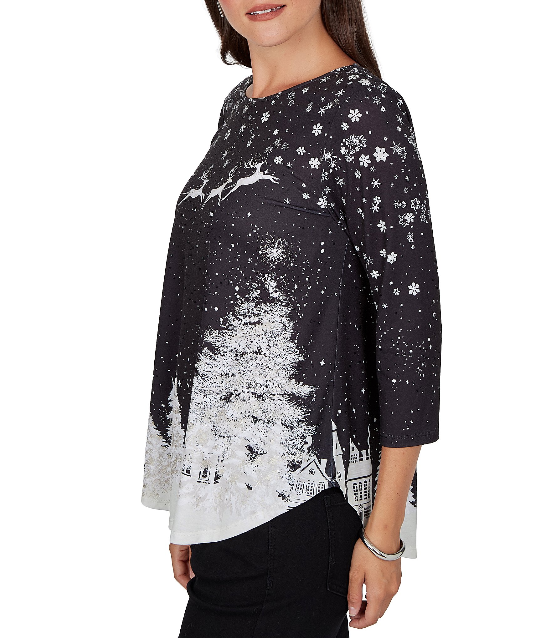 Ruby Rd.Petite Size Santa Flying Sleigh Snowflake Crew Neck 3/4 Sleeve Top