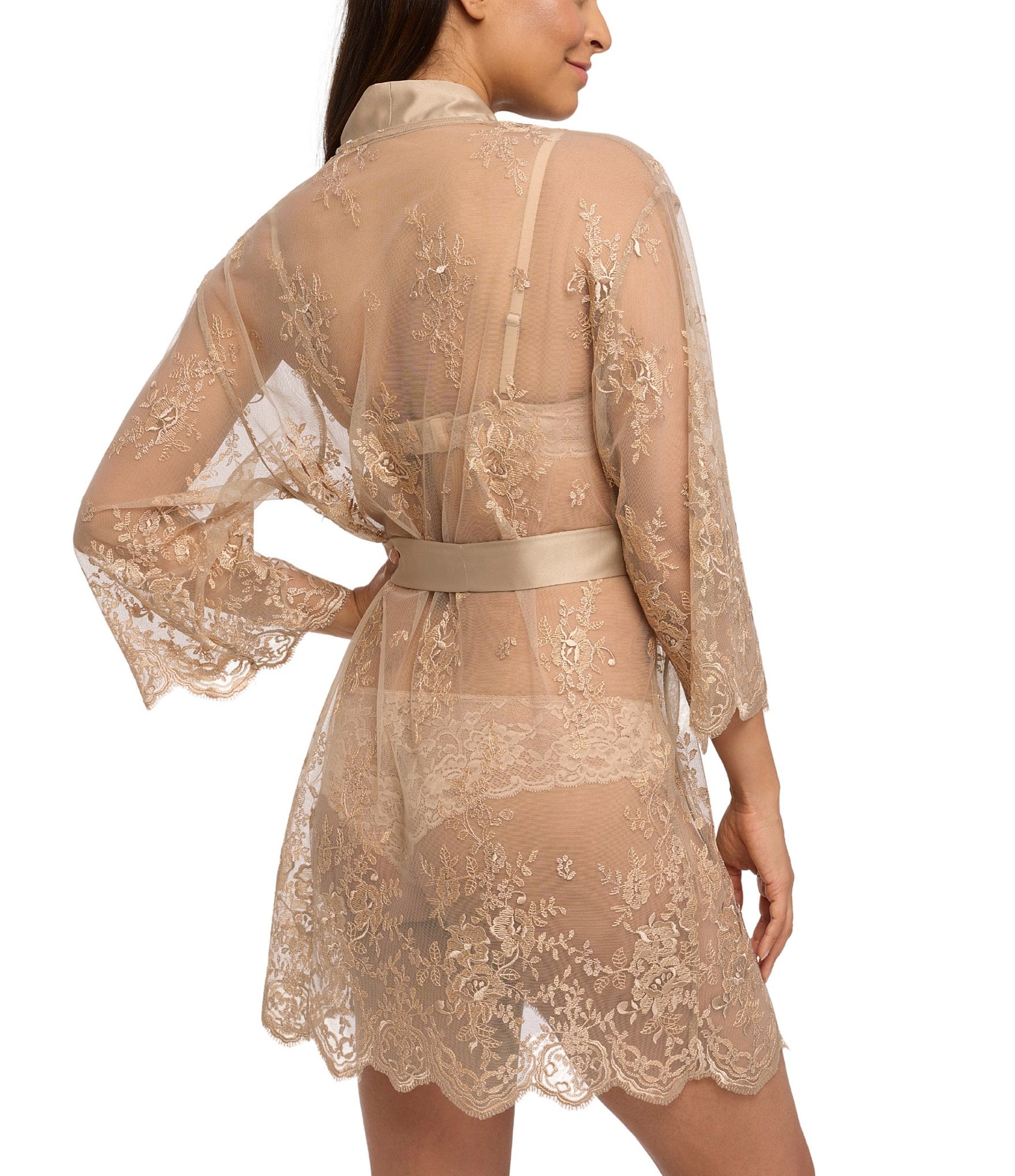 Rya Collection Allover Lace Banded Neck 3/4 Sleeve Short Wrap Robe