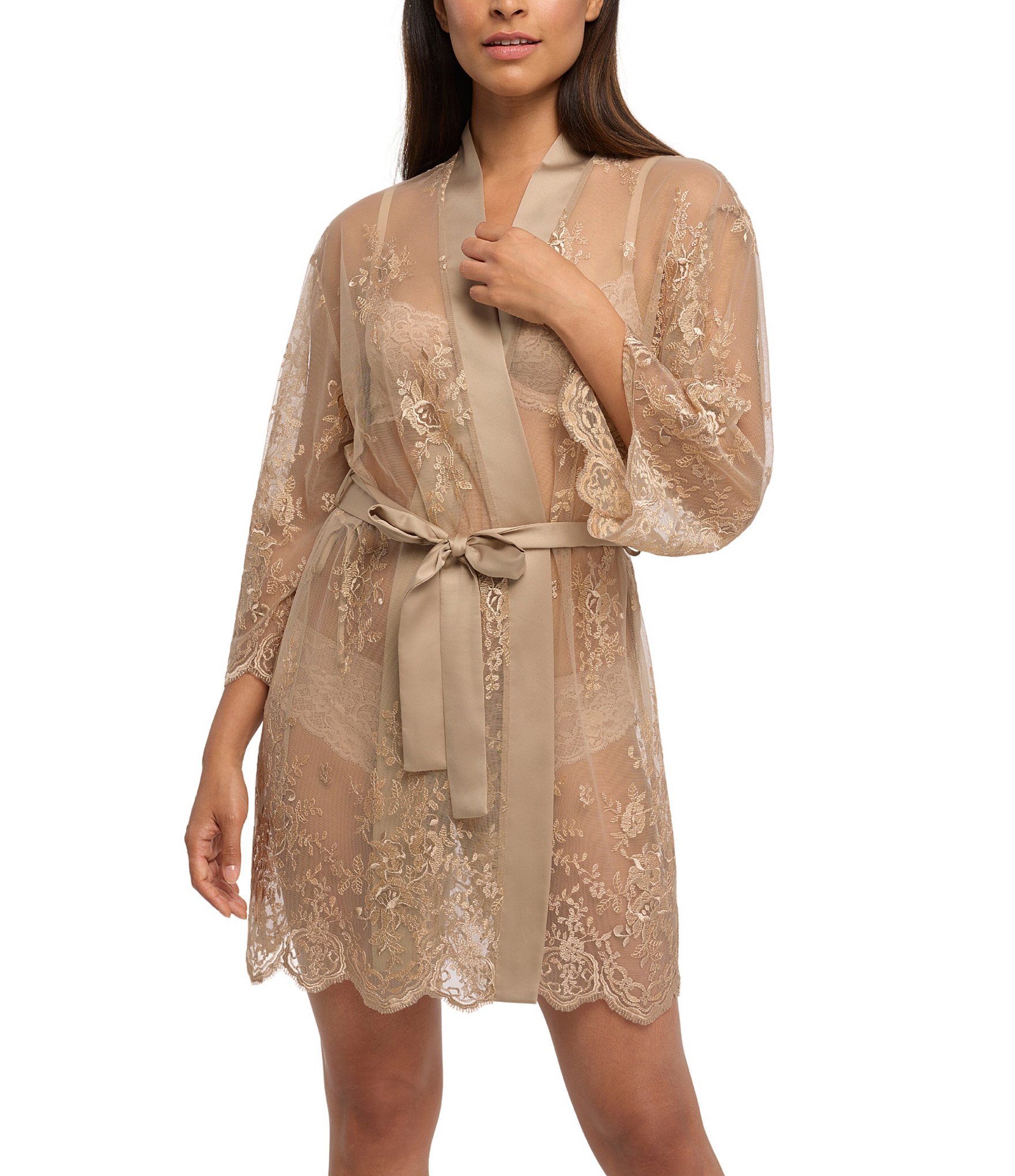 Rya Collection Allover Lace Banded Neck 3/4 Sleeve Short Wrap Robe