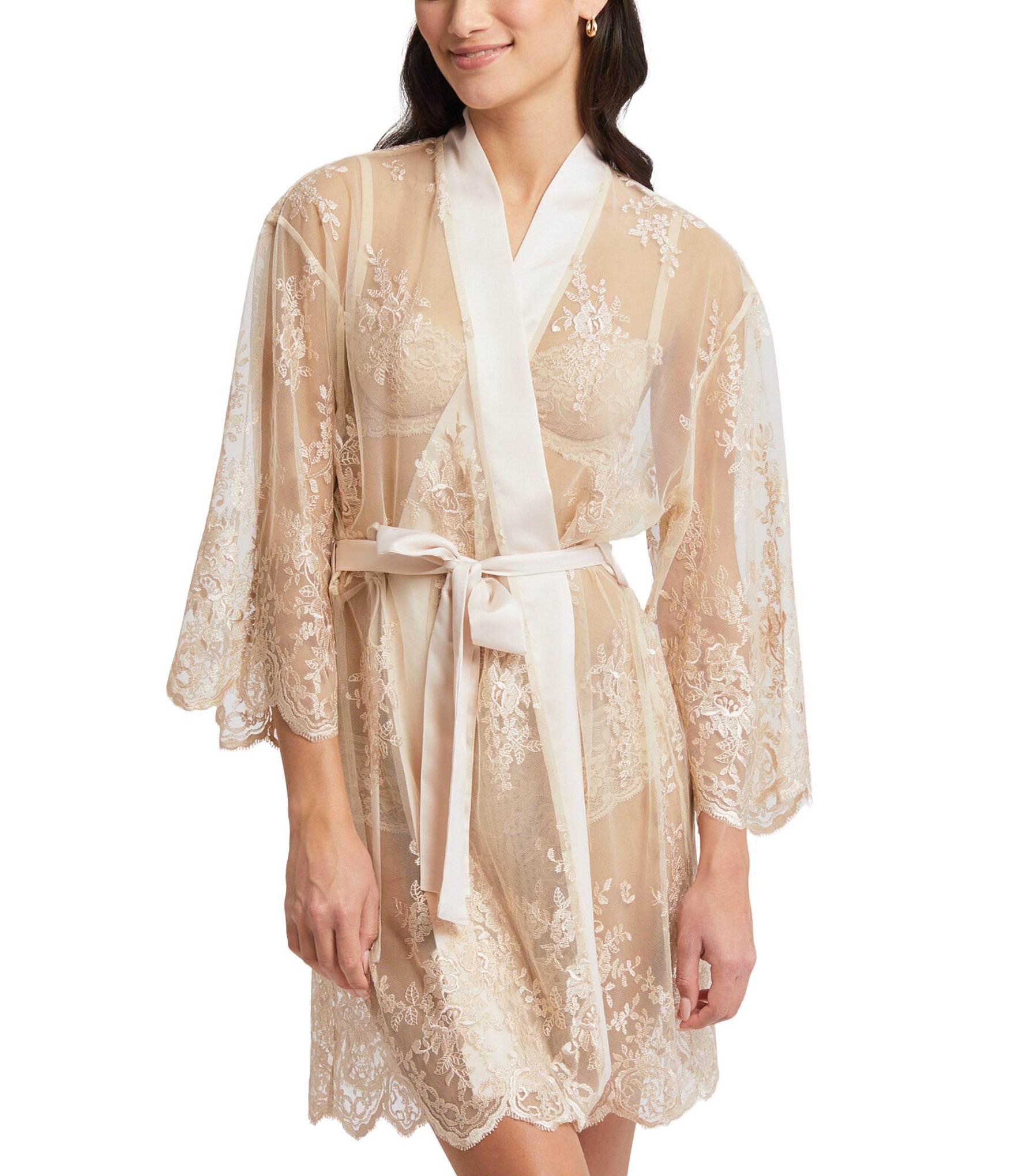 Rya Collection Allover Lace Banded Neck 3/4 Sleeve Short Wrap Robe