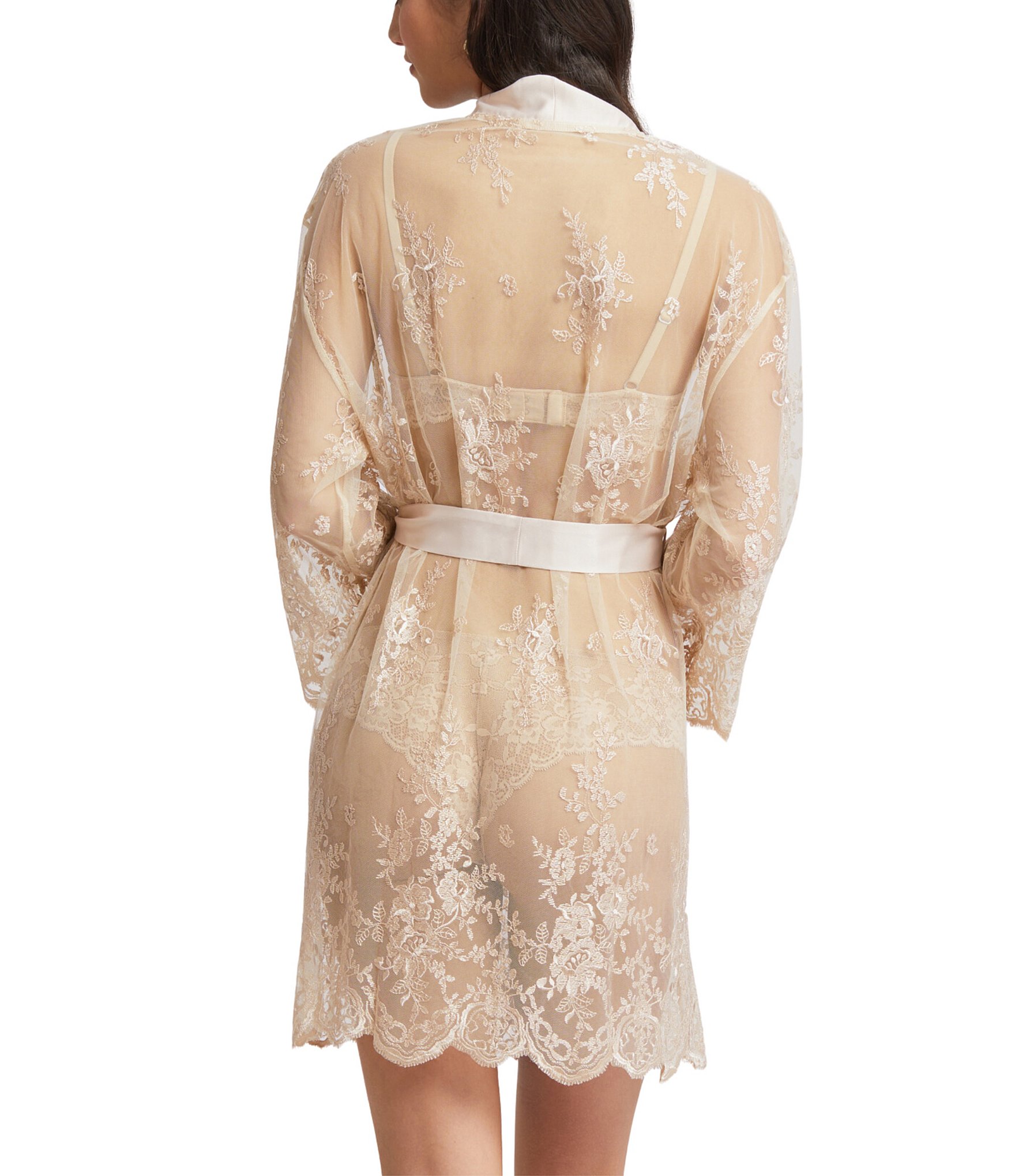 Rya Collection Allover Lace Banded Neck 3/4 Sleeve Short Wrap Robe