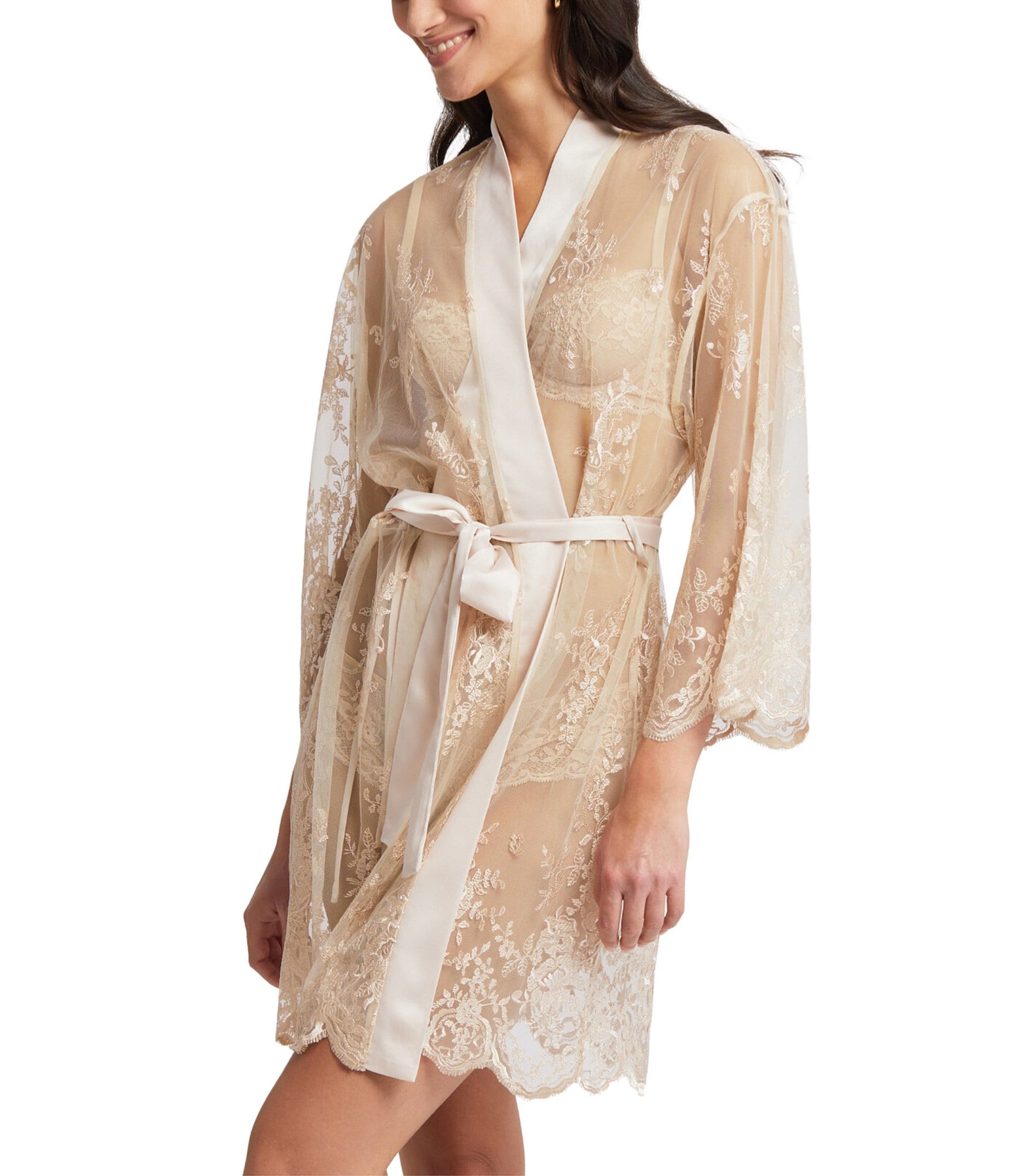 Rya Collection Allover Lace Banded Neck 3/4 Sleeve Short Wrap Robe