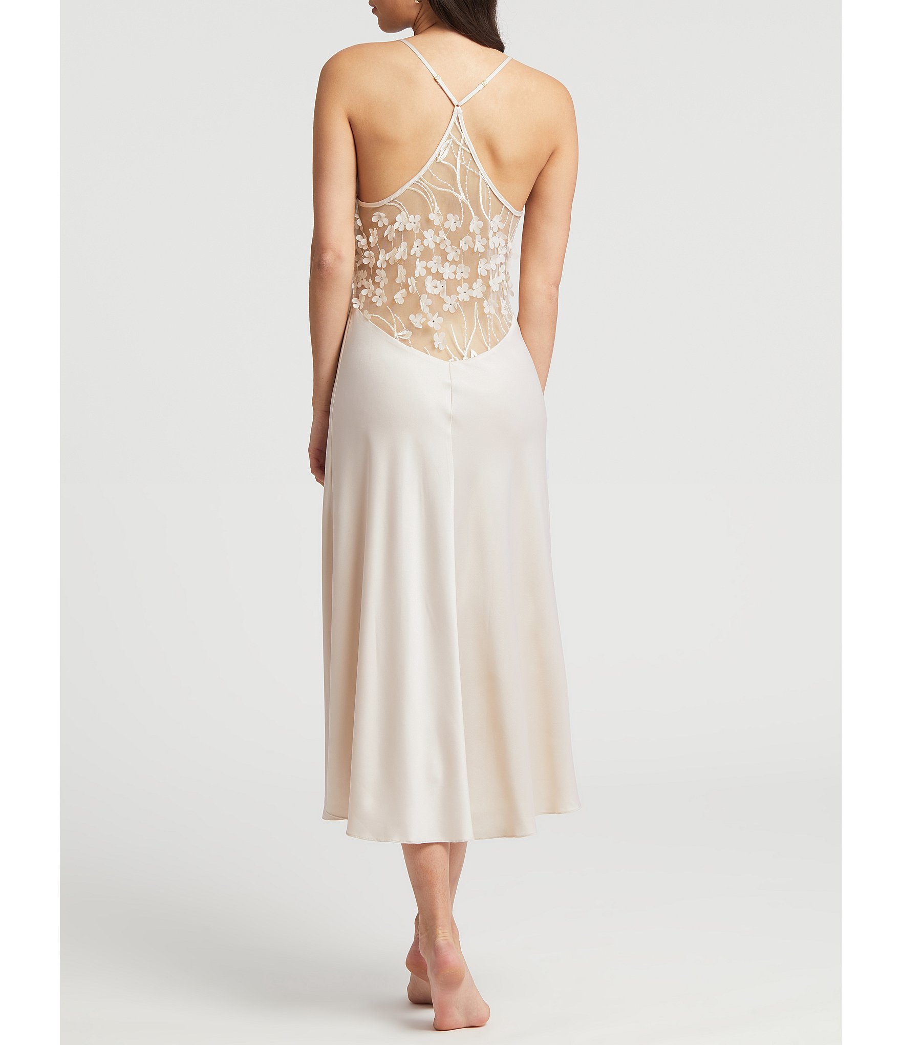 Rya Collection Kiss Solid Charmeuse Embroidered Tulle Back Gown