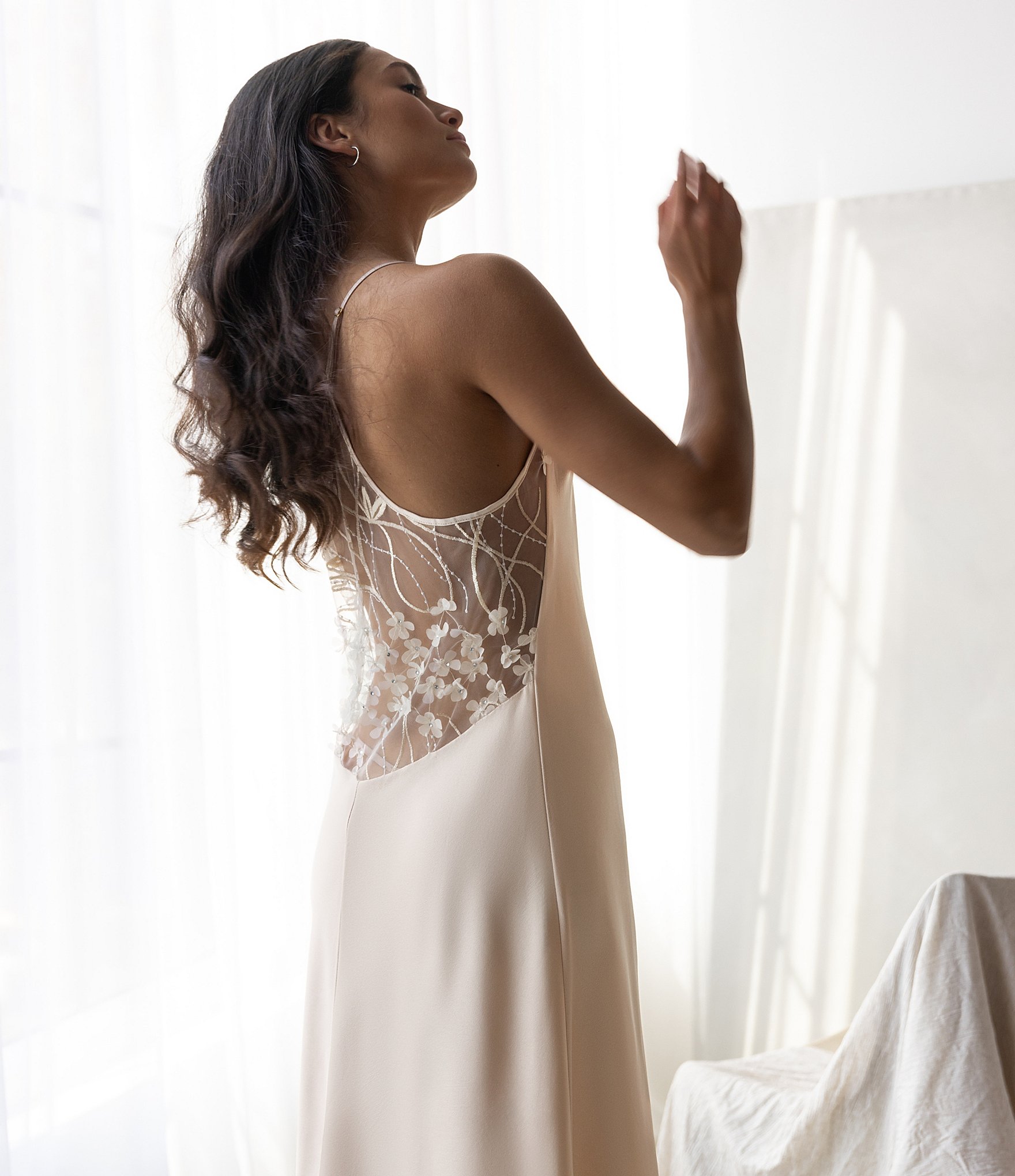 Rya Collection Kiss Solid Charmeuse Embroidered Tulle Back Gown