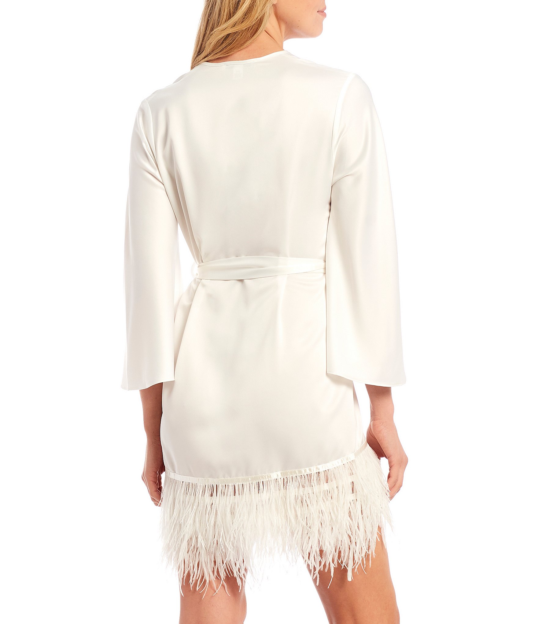 Rya Collection Swan Charmeuse Ostrich Feather Trim Hem 3/4 Sleeve Robe