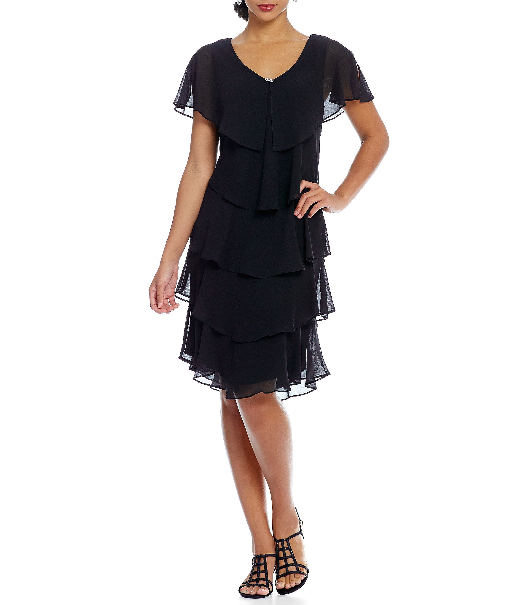 Ignite Evenings Jewel V-Neck Short Sleeve Georgette Tiered Capelet Shift  Dress | Dillard's