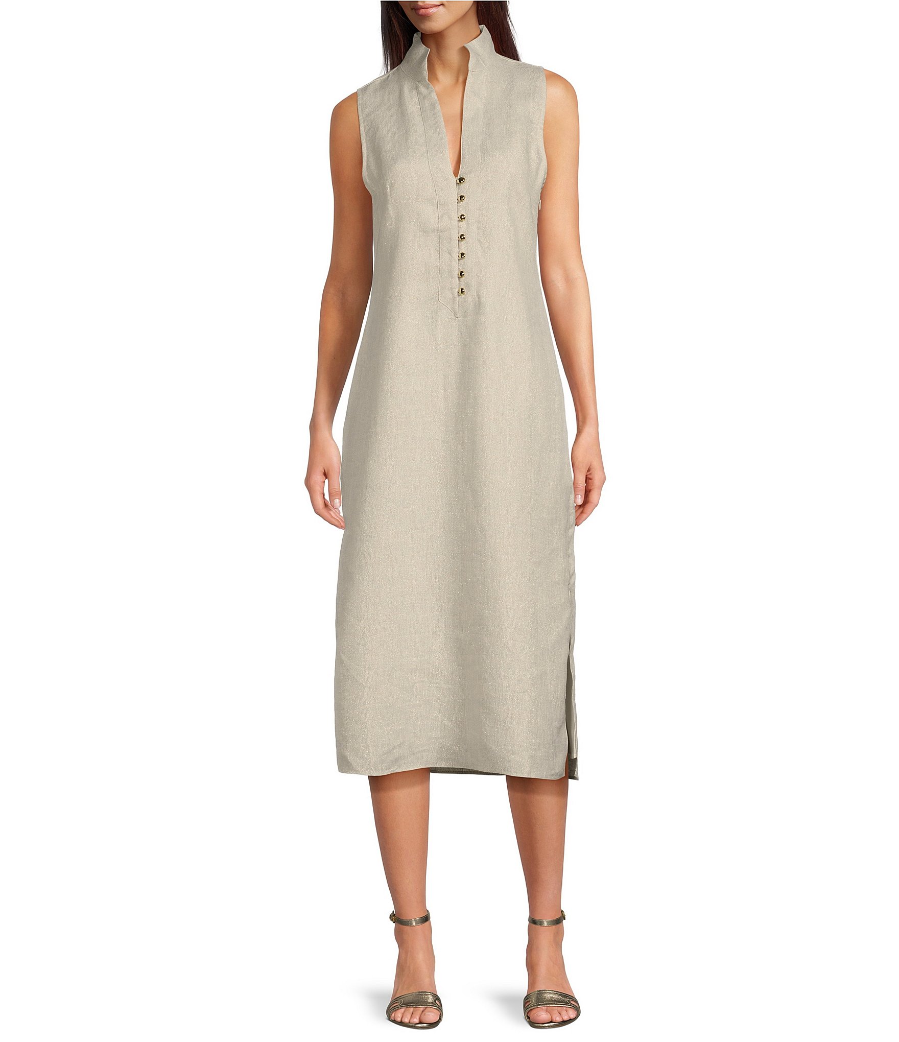 Sail To Sable Metallic Silver Linen Stand Collar Sleeveless Side Slit Midi Shirt Dress Dillards 5981