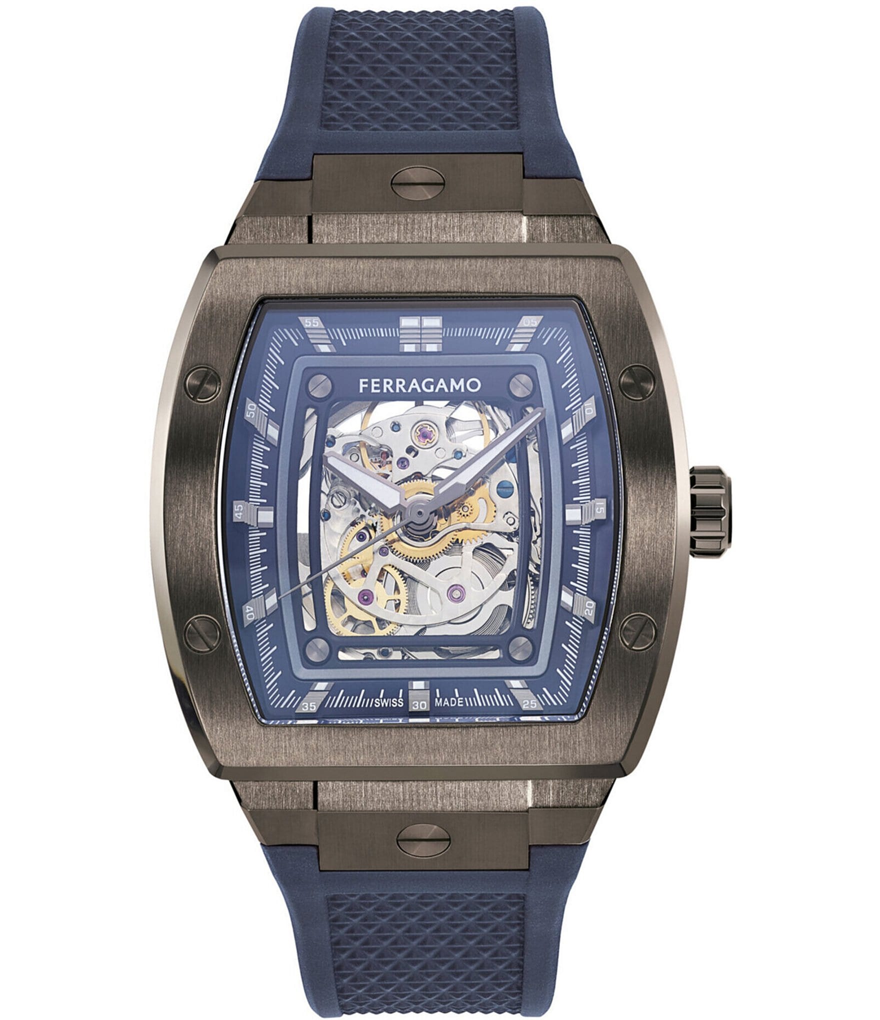 Salvatore Ferragamo Men's F-80 Tonneau Skeleton Quartz Chronograph Automatic Blue Silicone Strap Watch