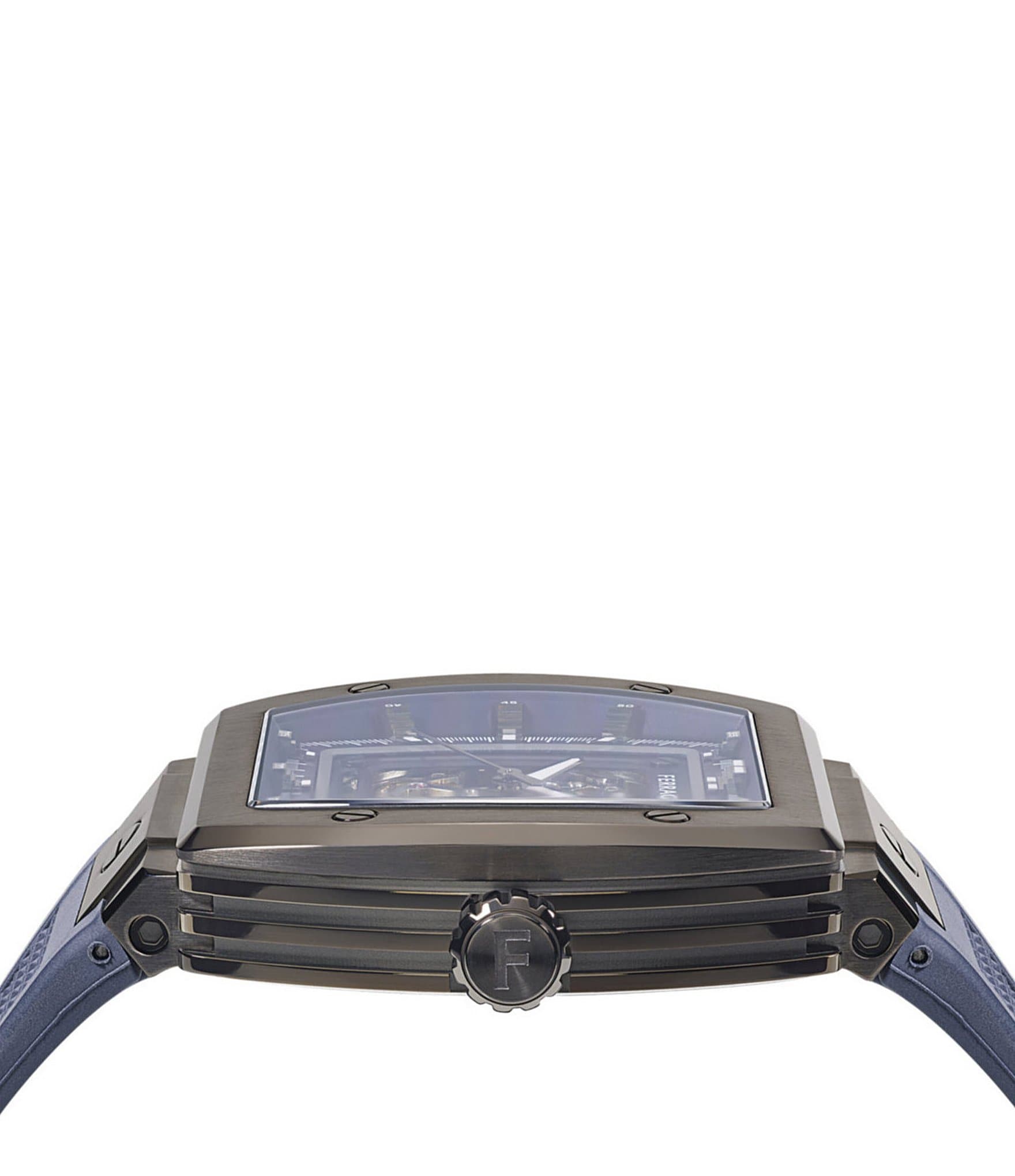 Salvatore Ferragamo Men's F-80 Tonneau Skeleton Quartz Chronograph Automatic Blue Silicone Strap Watch