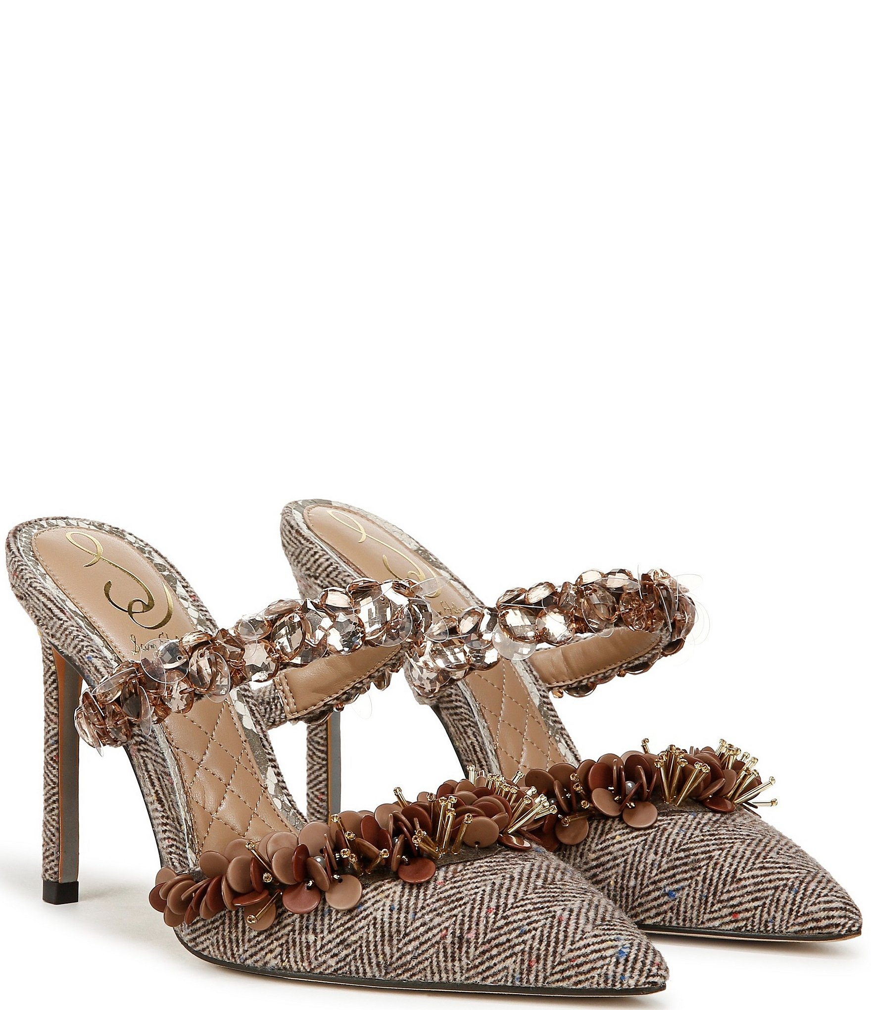 Sam Edelman Athena Herringbone Fabric Embellished Strap Dress Mules