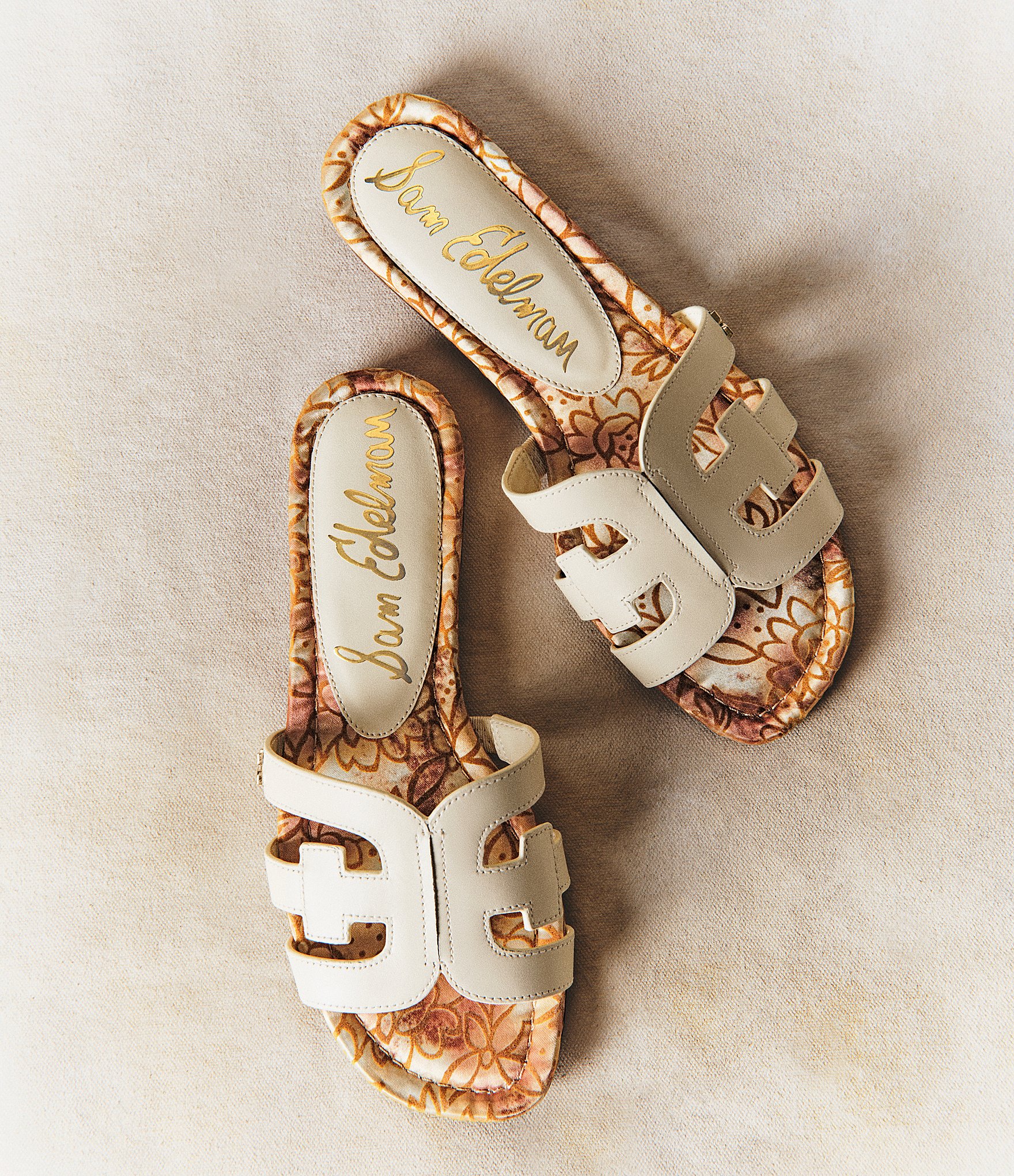 Sam Edelman Bay Leather Double E Floral Detail Logo Slide Sandals