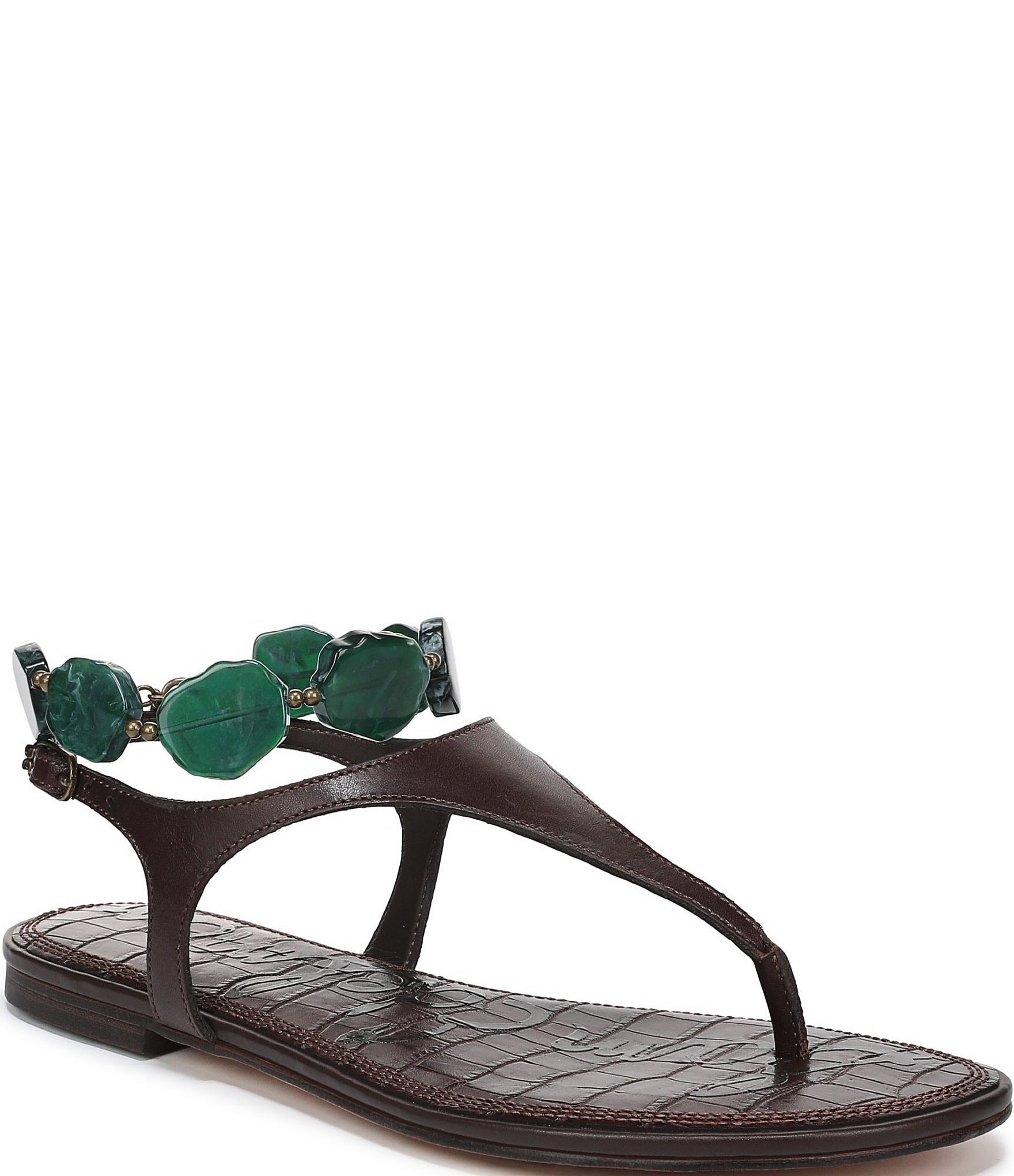 Sam Edelman Canna Leather Stone Embellished Anklet T-Strap Flat Sandals