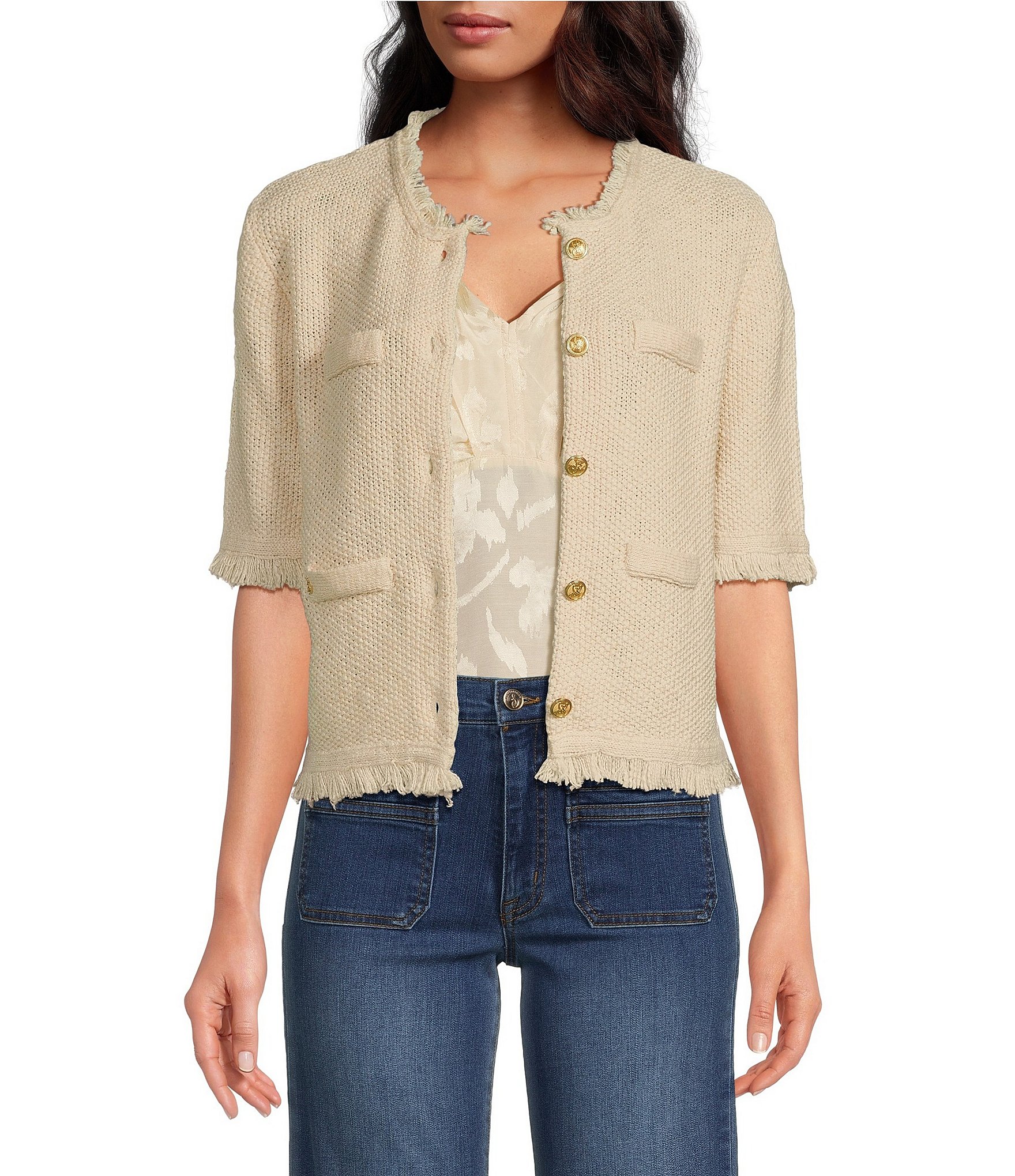 Sam Edelman Cropped Fringe Mock Neck Short Sleeve Cardigan Dillards