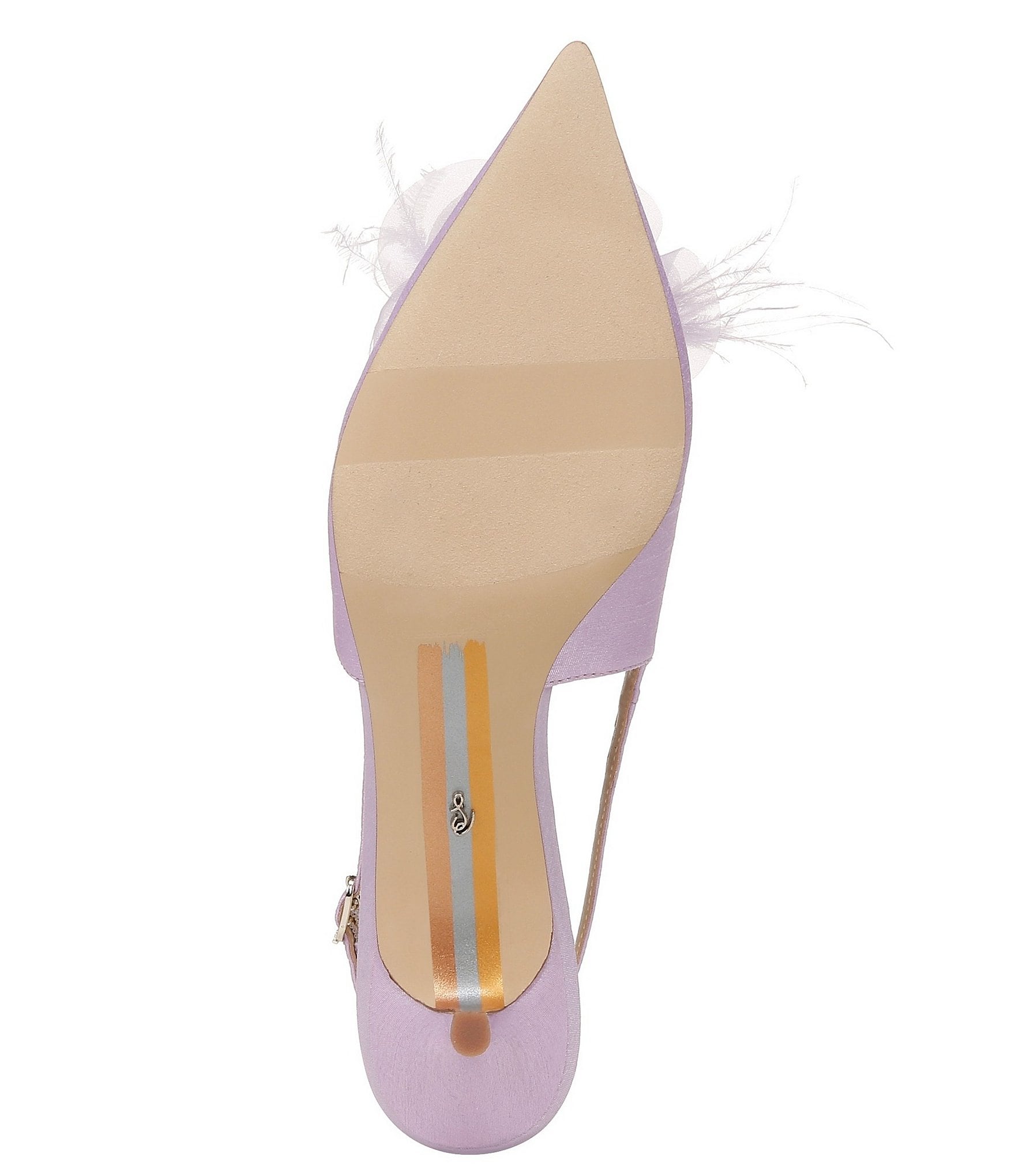 Sam Edelman Faye Satin Kitten Heel Slingback Sheer Flower and Feather Detail Pumps