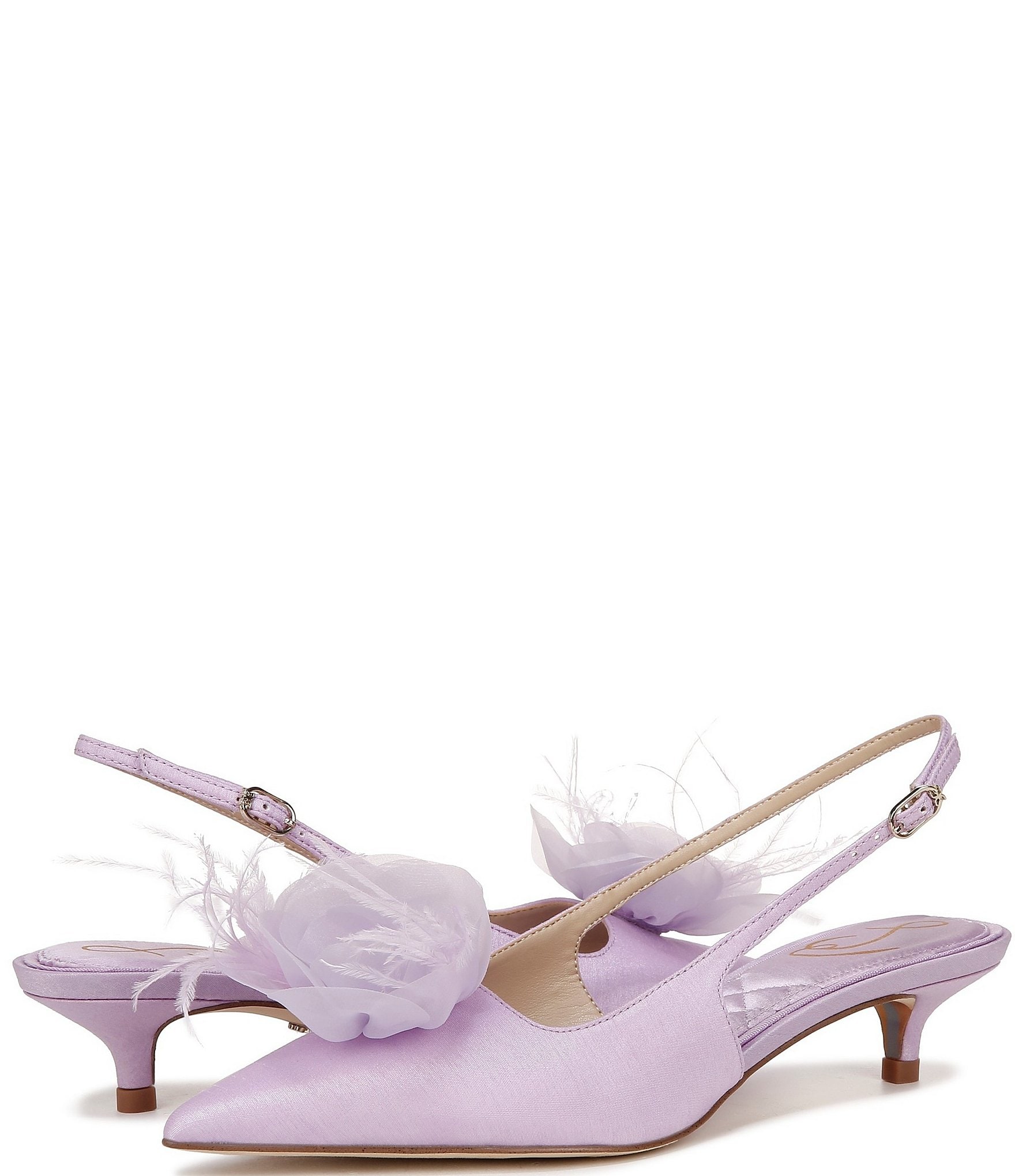 Sam Edelman Faye Satin Kitten Heel Slingback Sheer Flower and Feather Detail Pumps