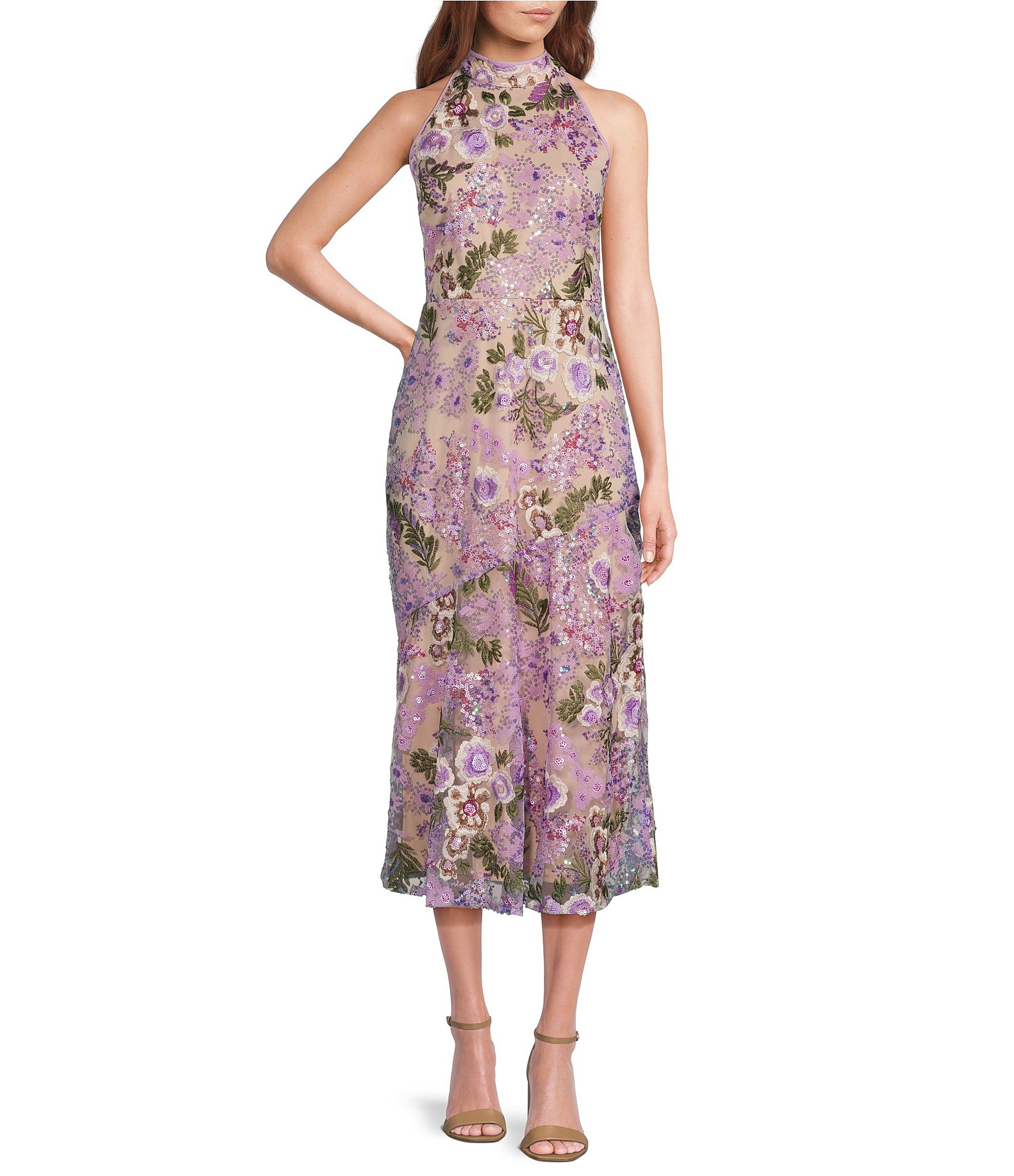 Sam Edelman Floral Lace Sequin Mock Neck Sleeveless Tie Back Midi Dress ...