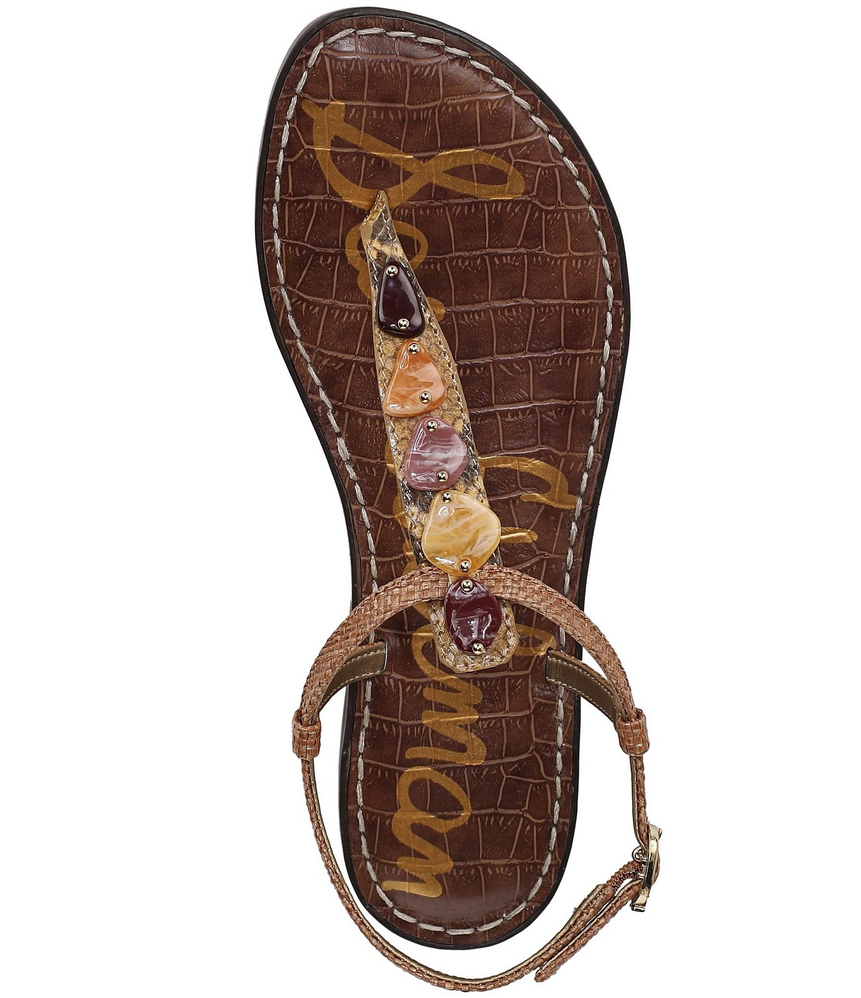 Sam Edelman Gigi Raffia Stone Ornamented T-Strap Flat Sandals