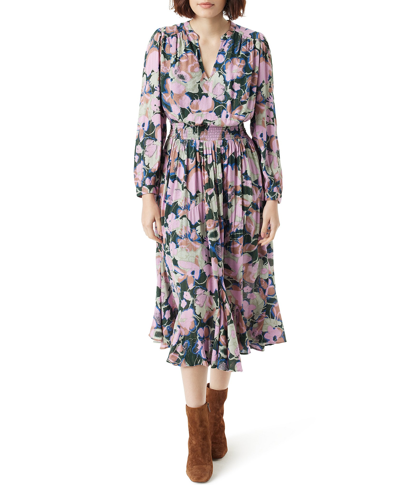 Sam Edelman Izzie Floral Print Split V-Neck Blouson Long Sleeve Smocked ...