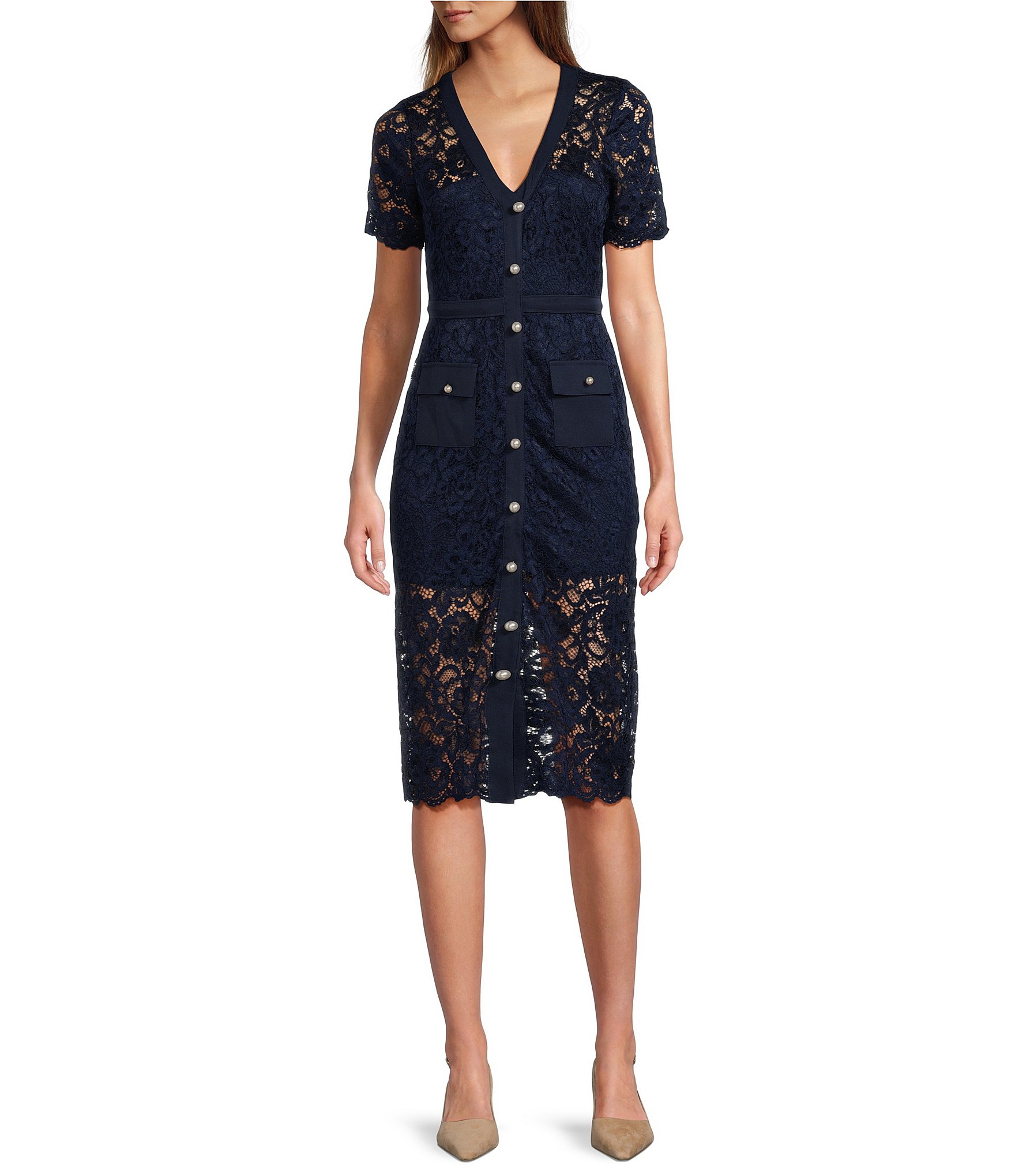 Sam Edelman Lace V-Neck Short Sleeve Pearl Button Front