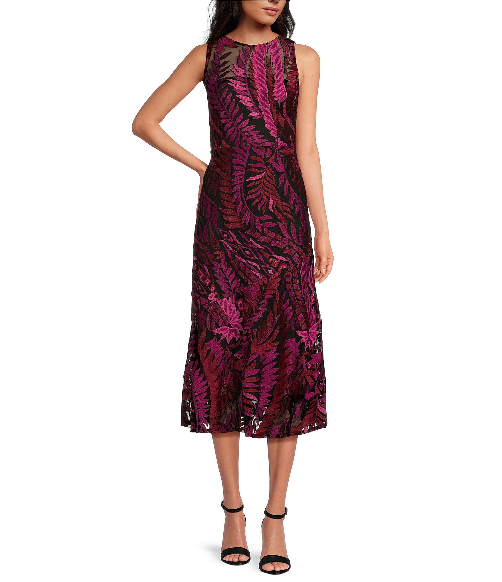 Sam Edelman Leaf Print Illusion Round Neck Sleeveless Ruffle Hem Midi ...