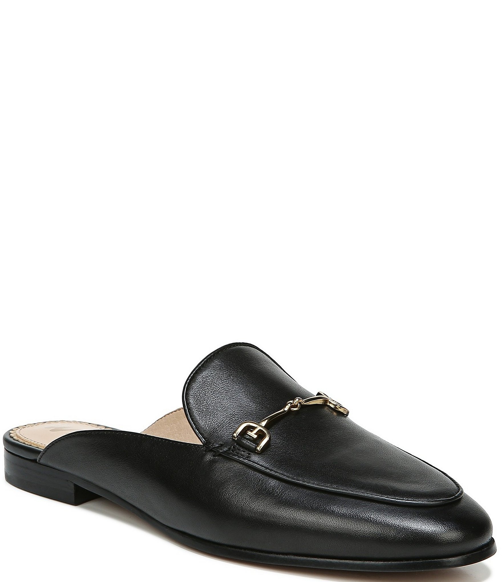 Black leather slip store on mules