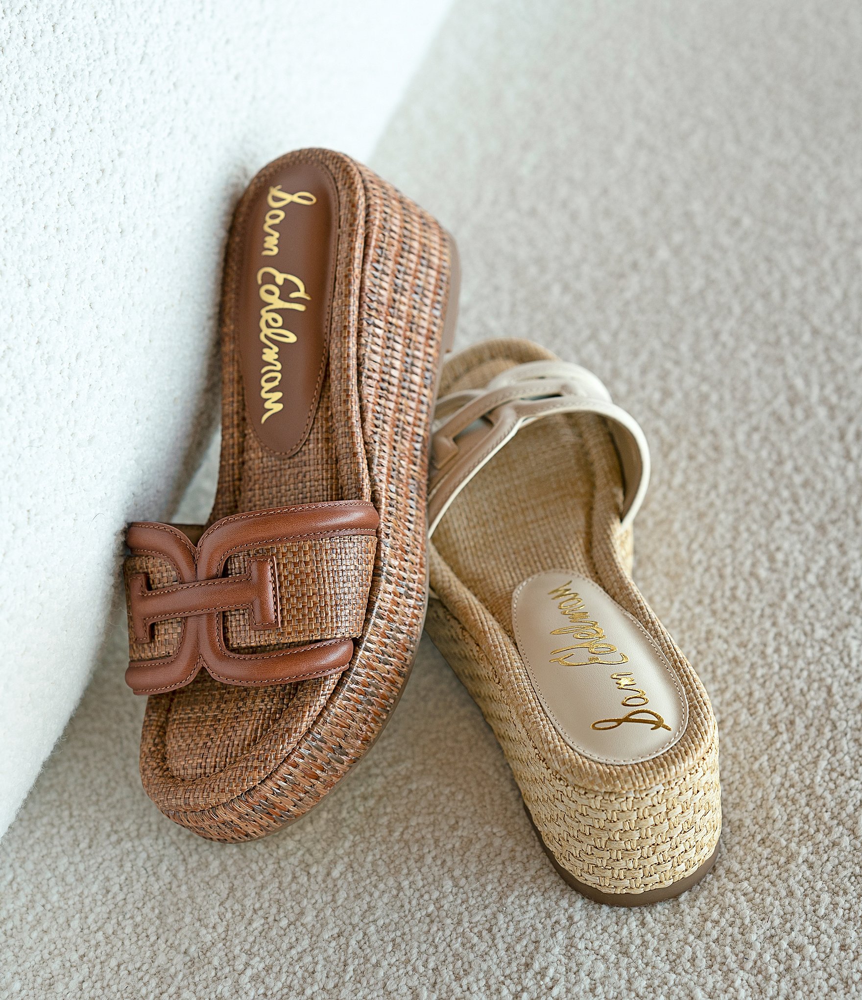 Sam Edelman Pauleena Raffia Double E Logo Platform Wedge Slide Sandals