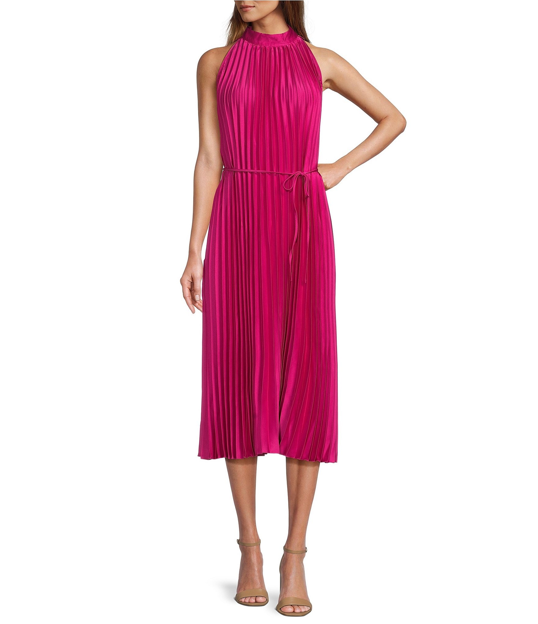 Sam Edelman Pleated Mock Neck Sleeveless Tie Waist Midi Dress