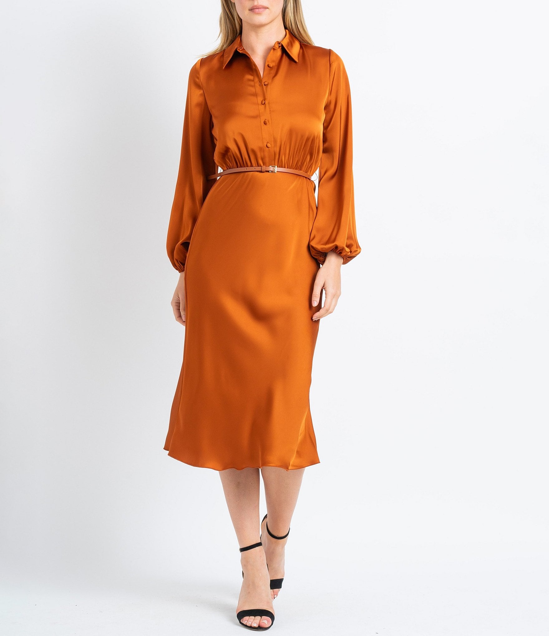 Sam Edelman Satin Button Front Collar Neck Long Sleeve Belted Midi ...