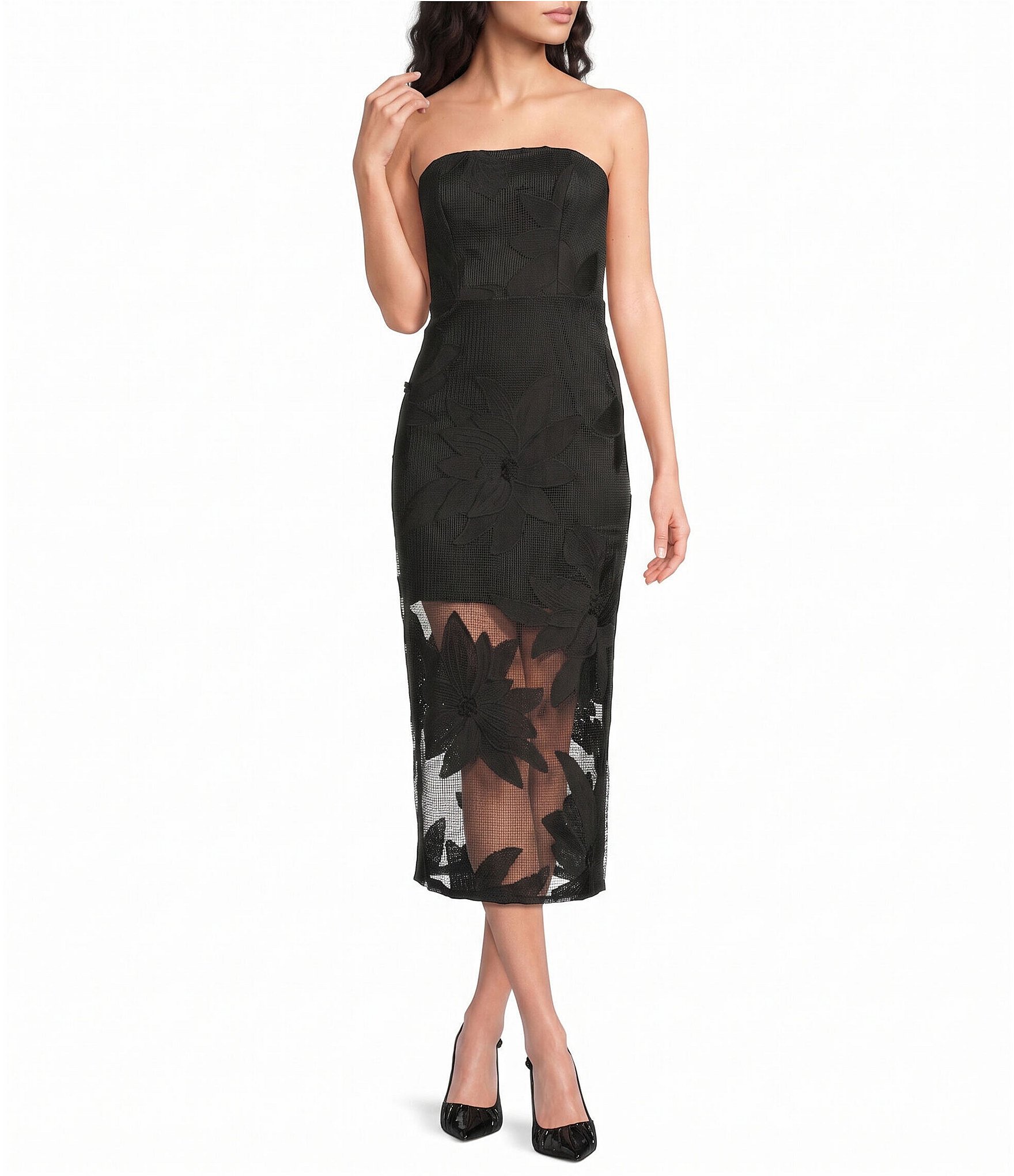 Sam Edelman Strapless Lace Mesh Column Midi Dress