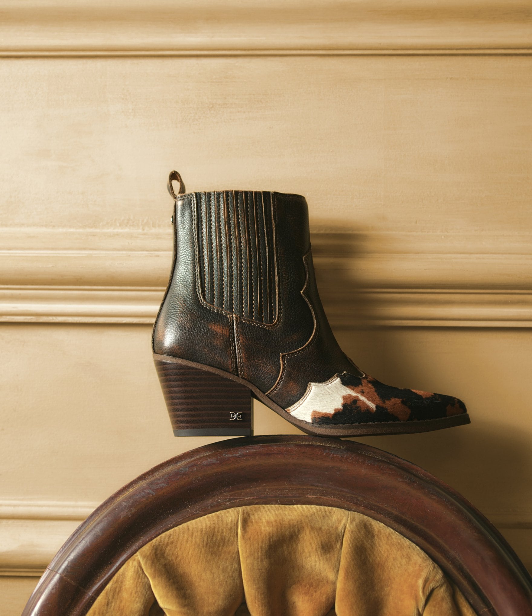 Sam Edelman West Leather and Cow Print Calf Hair Western Inspired Booties
