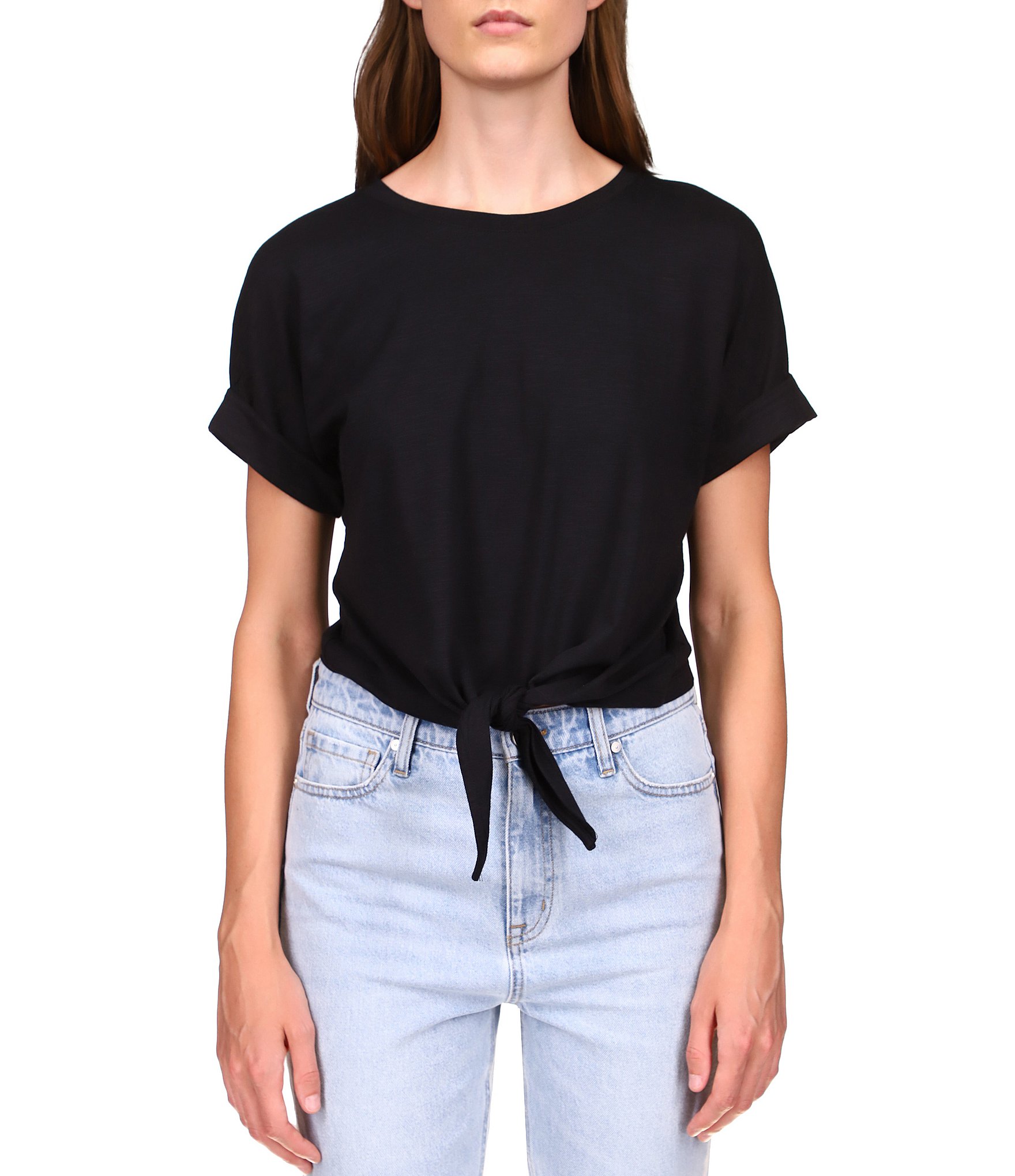 Sanctuary All Day Tie Waist Crew Neck Short Rolled Sleeve Tee