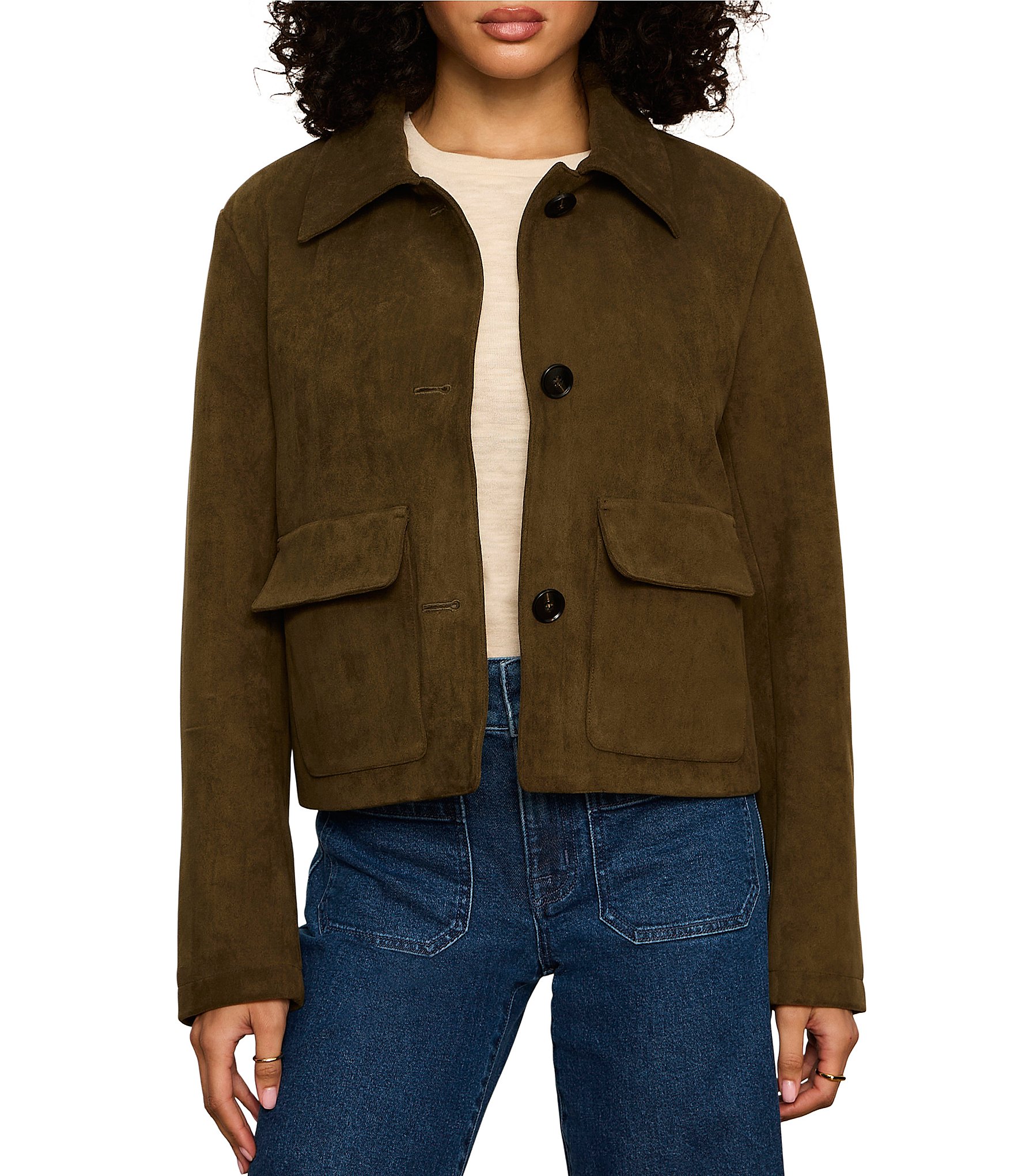 Sanctuary Avid Faux Suede Spread Collar Long Sleeve Button Front Jacket