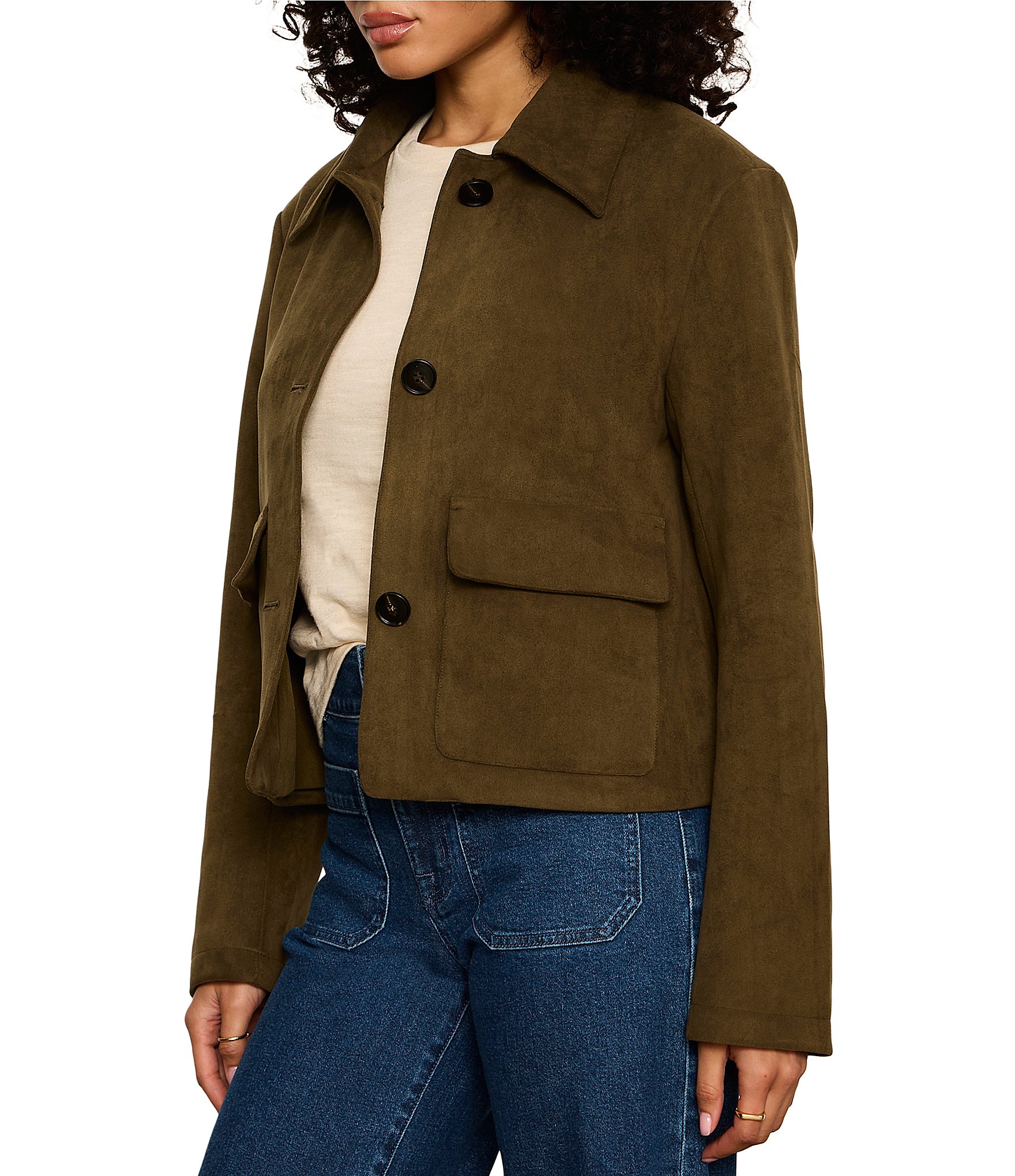 Sanctuary Avid Faux Suede Spread Collar Long Sleeve Button Front Jacket