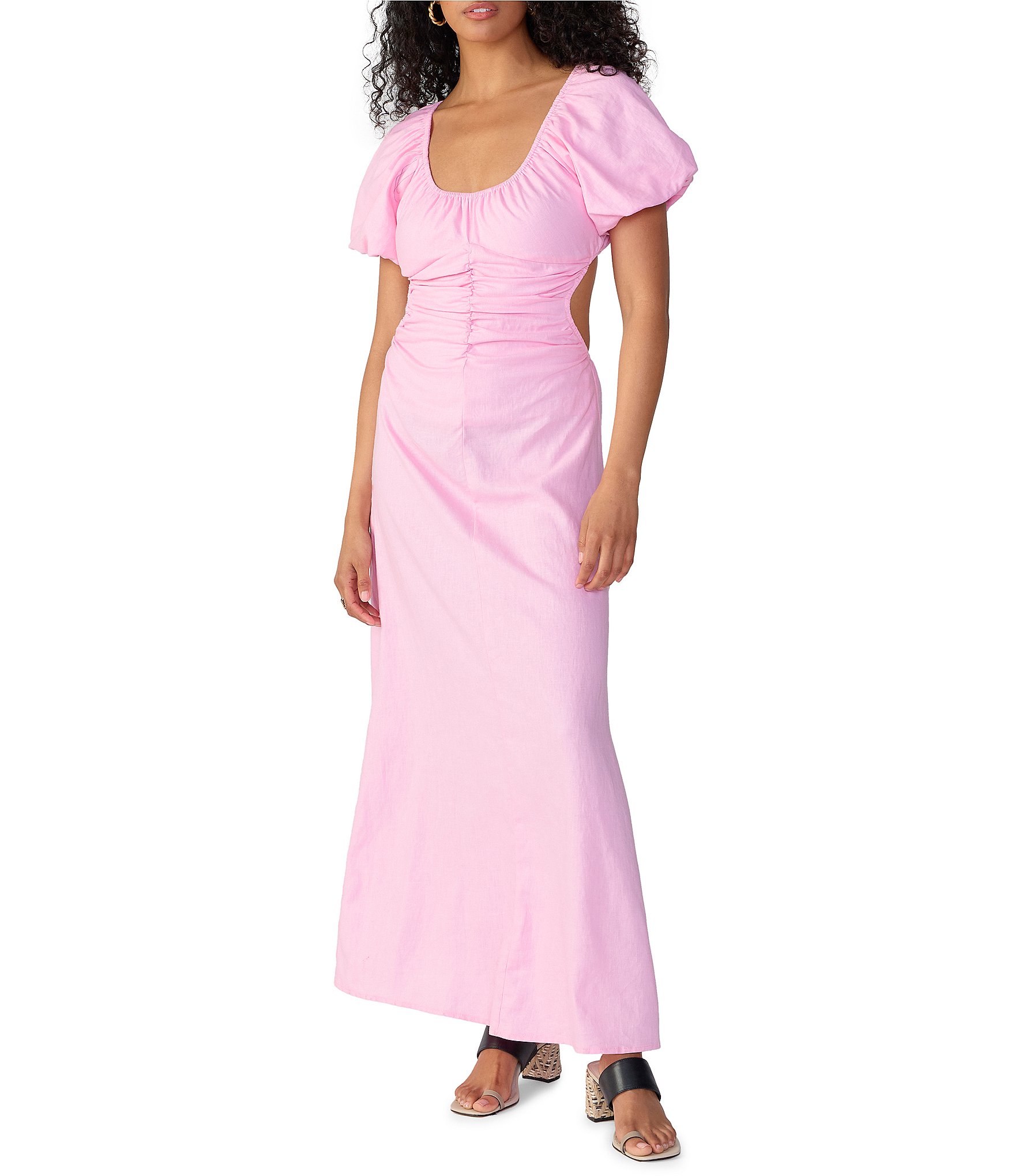 Italian rose linen dresses o neck half sleeve Maxi summer Dresses