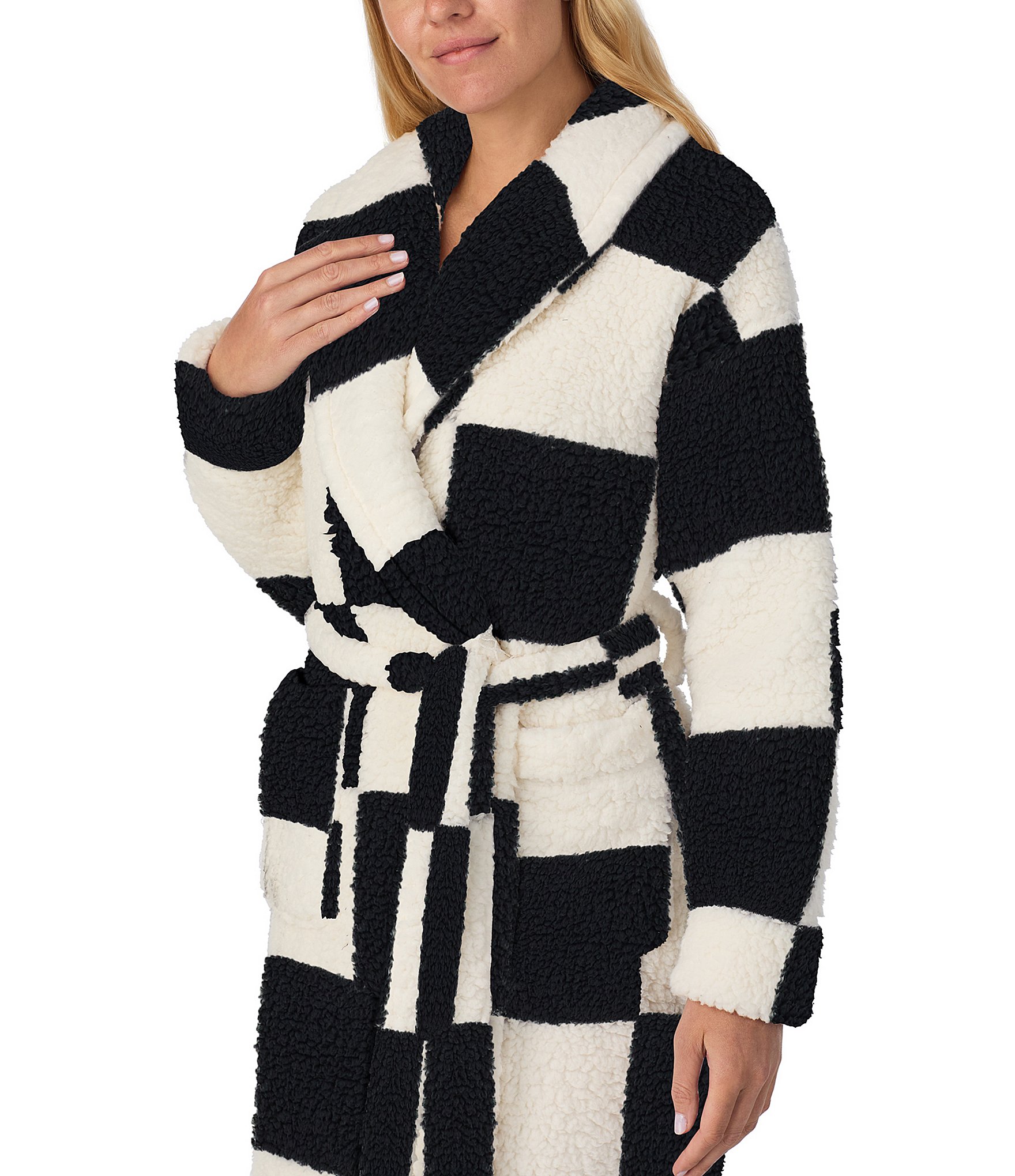 Sanctuary Checkered Long Sleeve Shawl Collar Long Cozy Fleece Robe