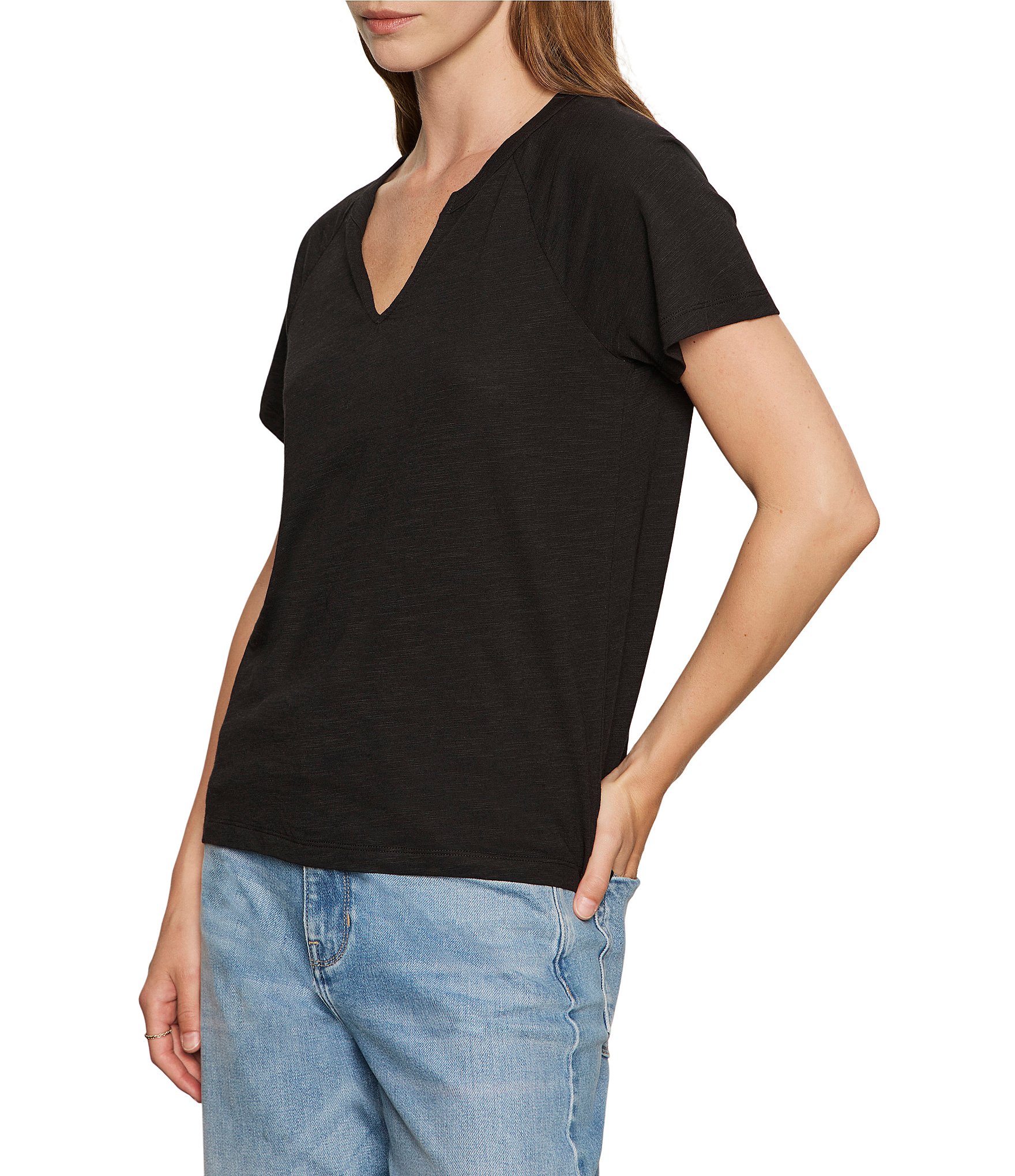 Sanctuary Cotton Slub Jersey Notch Neck Short Sleeve Tee