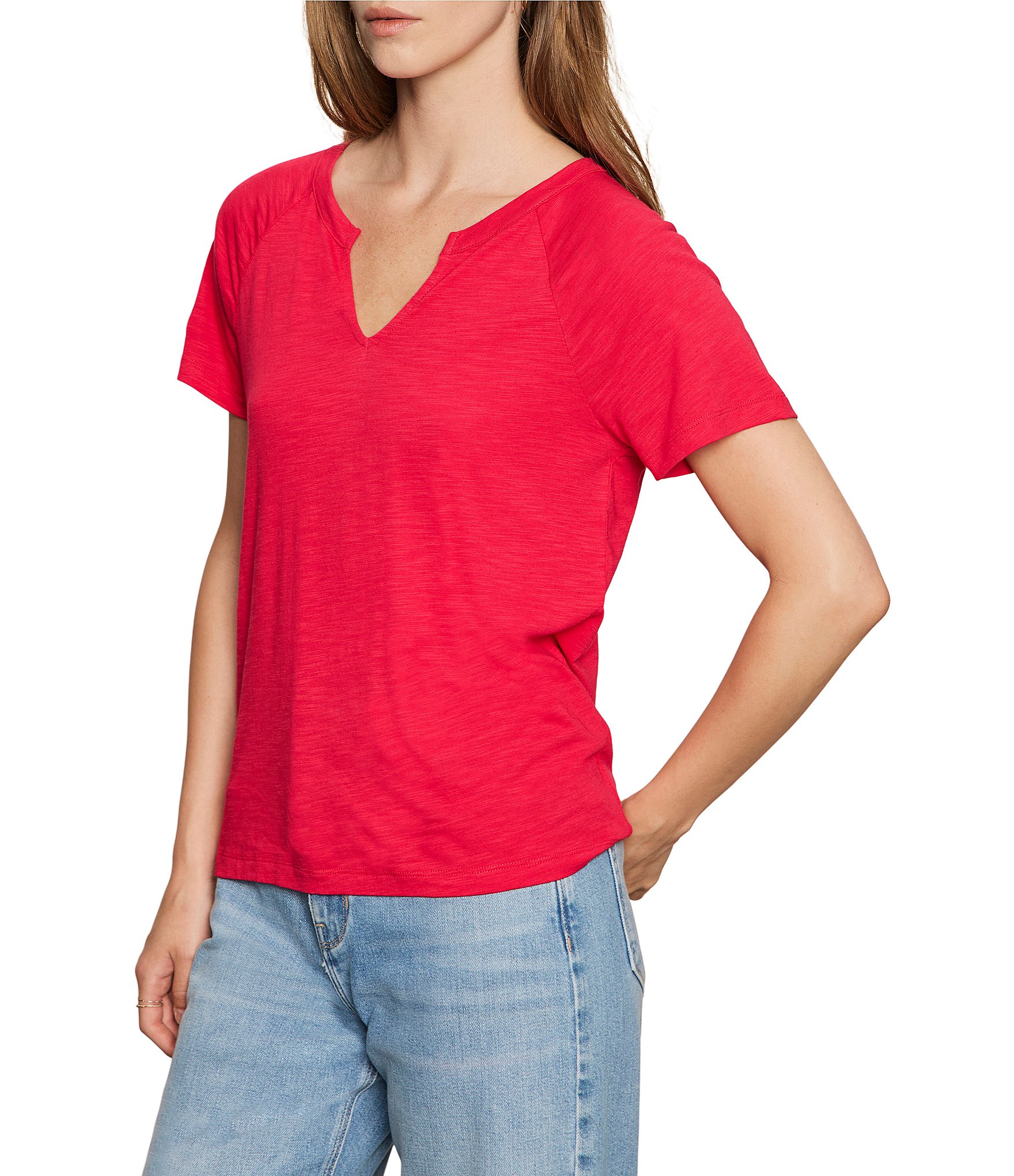 Sanctuary Cotton Slub Jersey Notch Neck Short Sleeve Tee